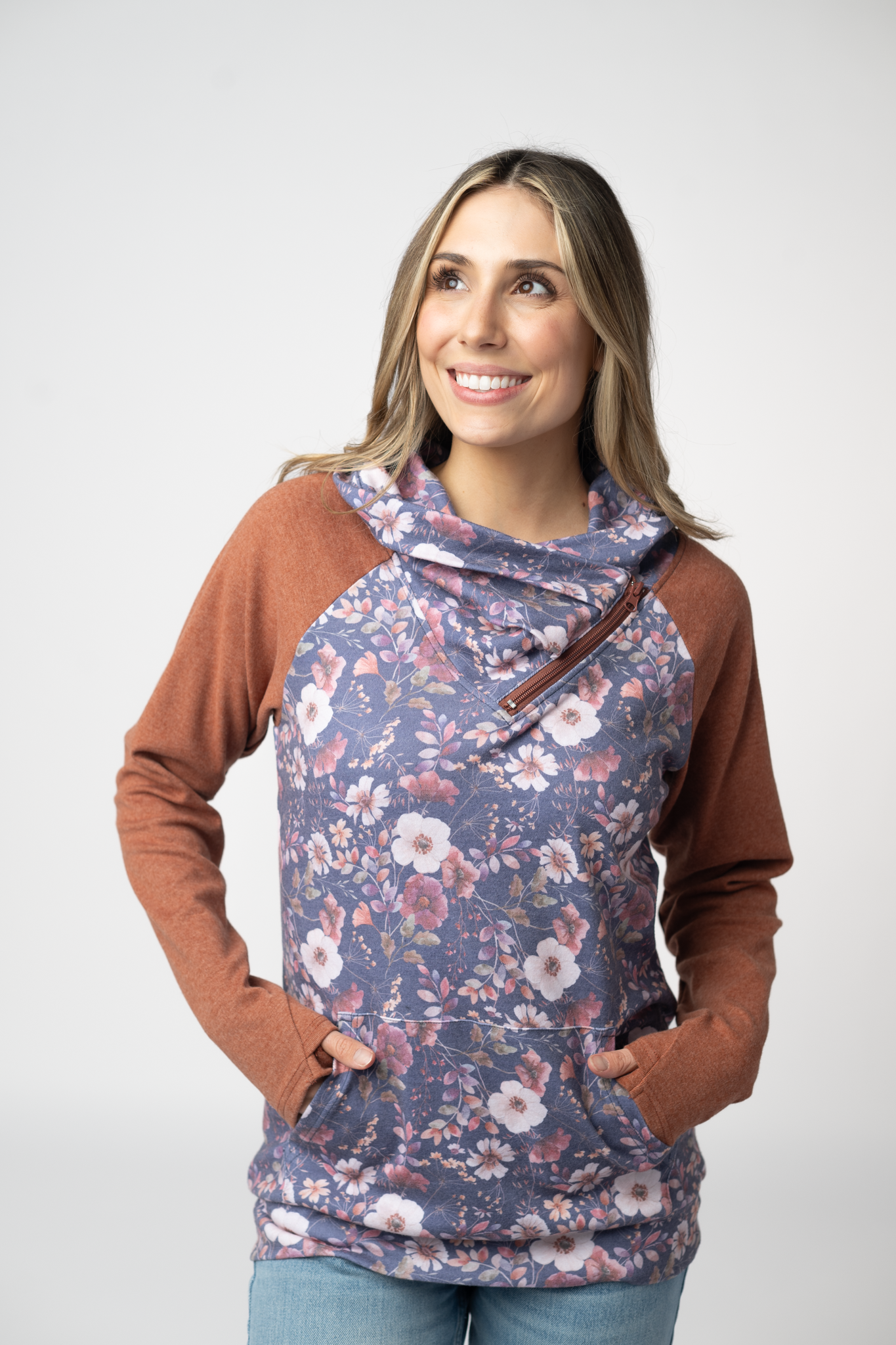08.21 EN ROUTE Classic Zoey ZipCowl Sweatshirt - Blushwood Floral and Terra Cotta-Pullover-Dear Me Southern Boutique, located in DeRidder, Louisiana