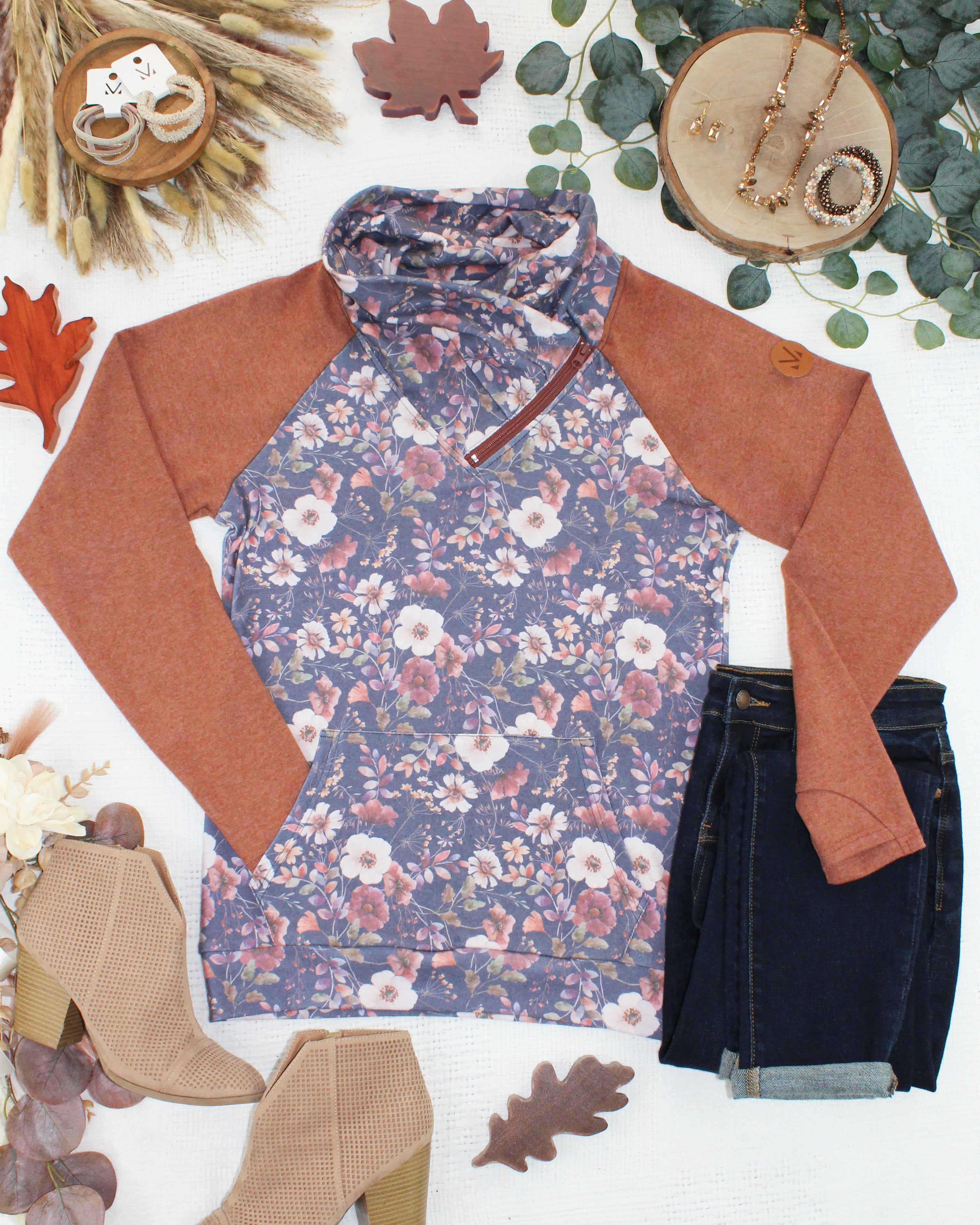 08.21 EN ROUTE Classic Zoey ZipCowl Sweatshirt - Blushwood Floral and Terra Cotta-Pullover-Dear Me Southern Boutique, located in DeRidder, Louisiana