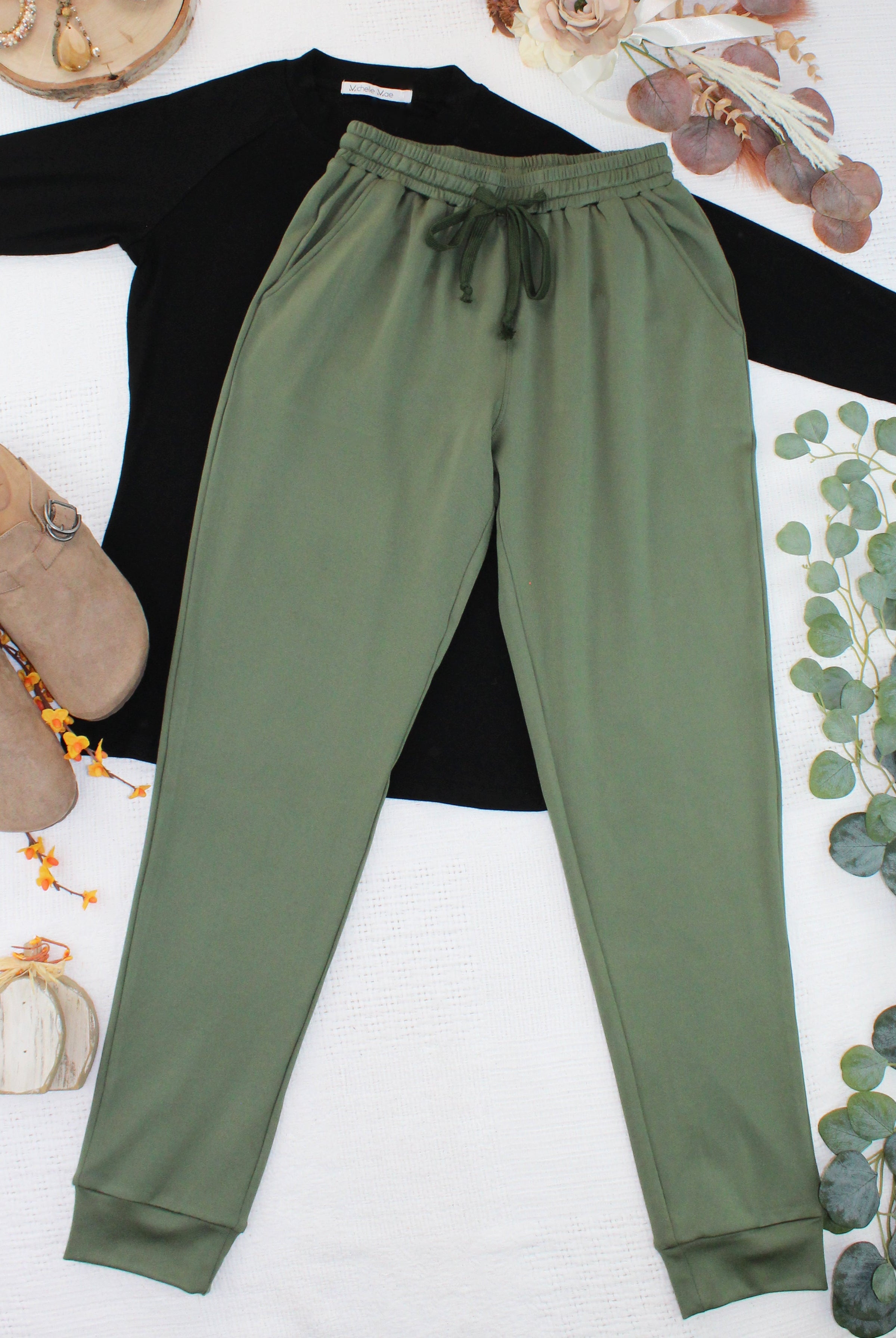 08.21 EN ROUTE Cloud Joggers - Olive-bottoms-Dear Me Southern Boutique, located in DeRidder, Louisiana