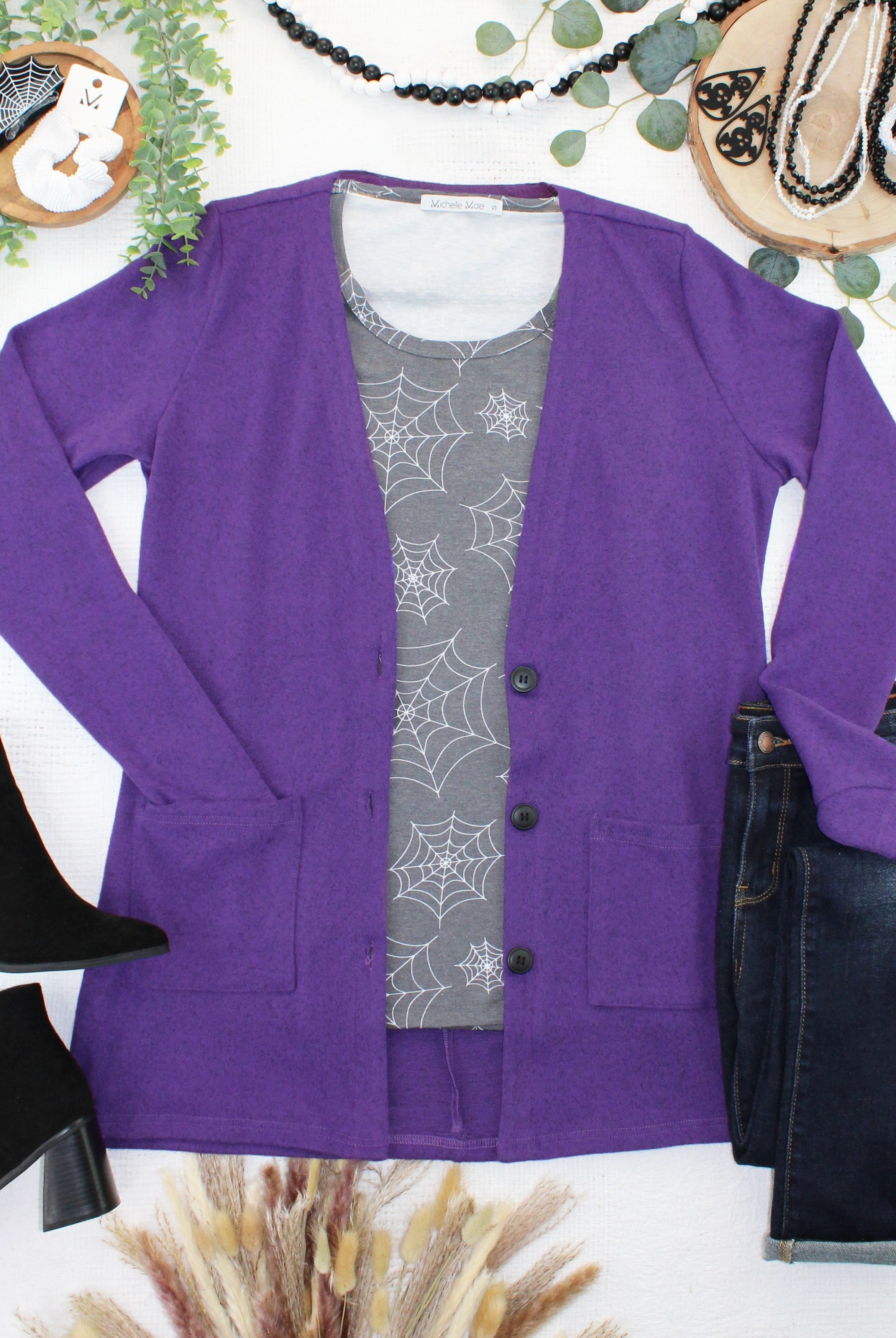 08.21 EN ROUTE Cori Cardigan - Heathered Purple-Cardigan-Dear Me Southern Boutique, located in DeRidder, Louisiana
