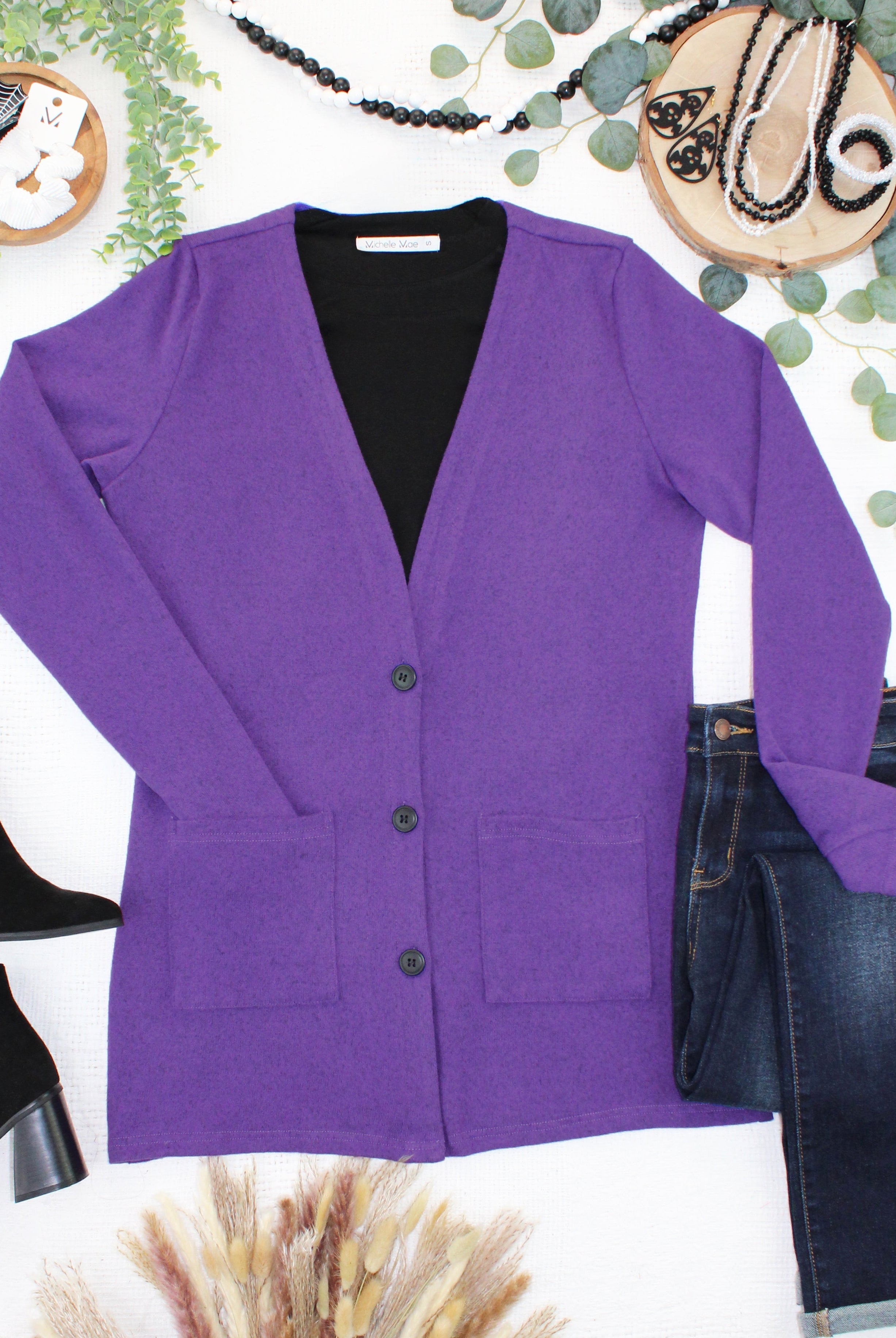 08.21 EN ROUTE Cori Cardigan - Heathered Purple-Cardigan-Dear Me Southern Boutique, located in DeRidder, Louisiana