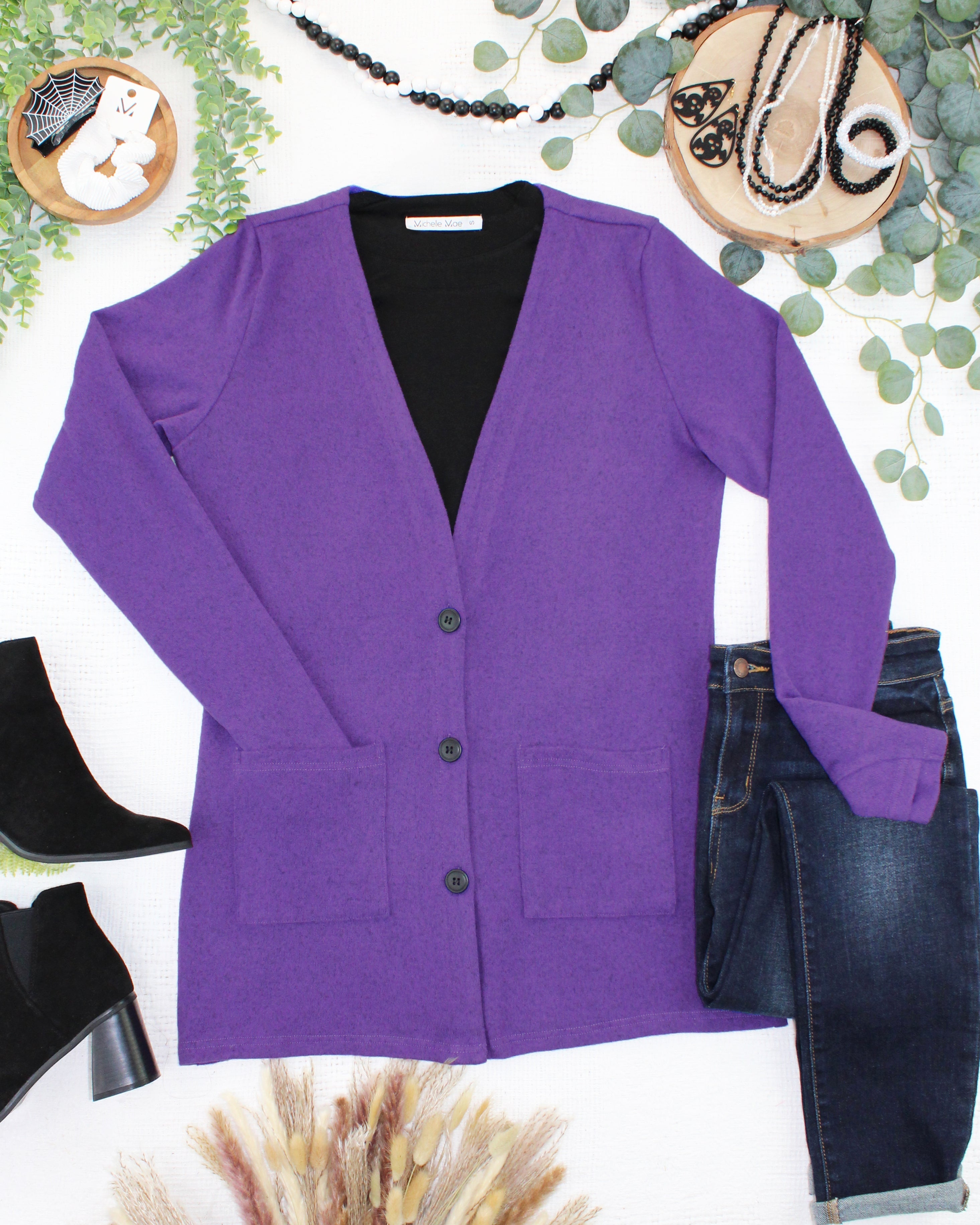 08.21 EN ROUTE Cori Cardigan - Heathered Purple-Cardigan-Dear Me Southern Boutique, located in DeRidder, Louisiana