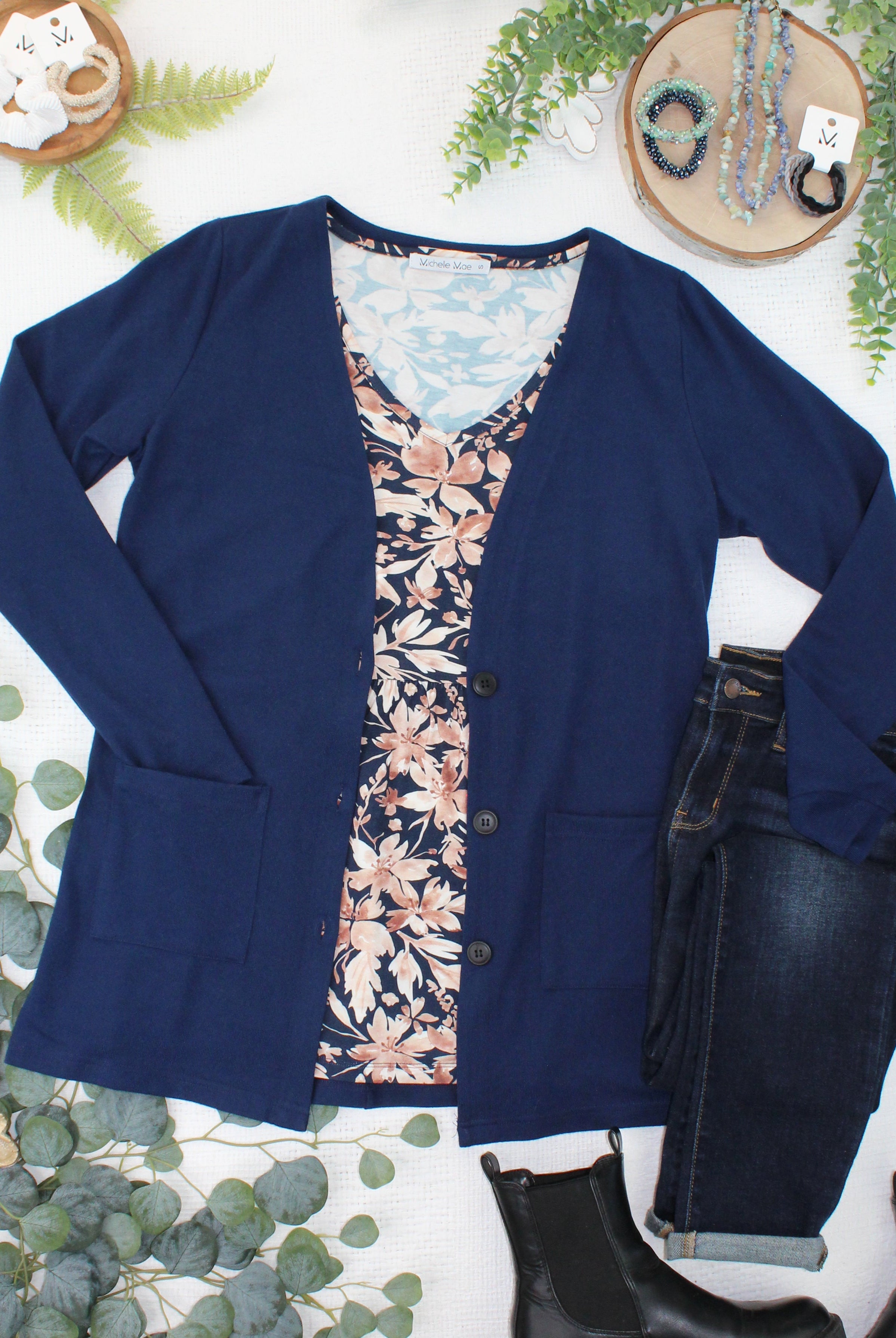 08.21 EN ROUTE Cori Cardigan - Navy-Cardigan-Dear Me Southern Boutique, located in DeRidder, Louisiana