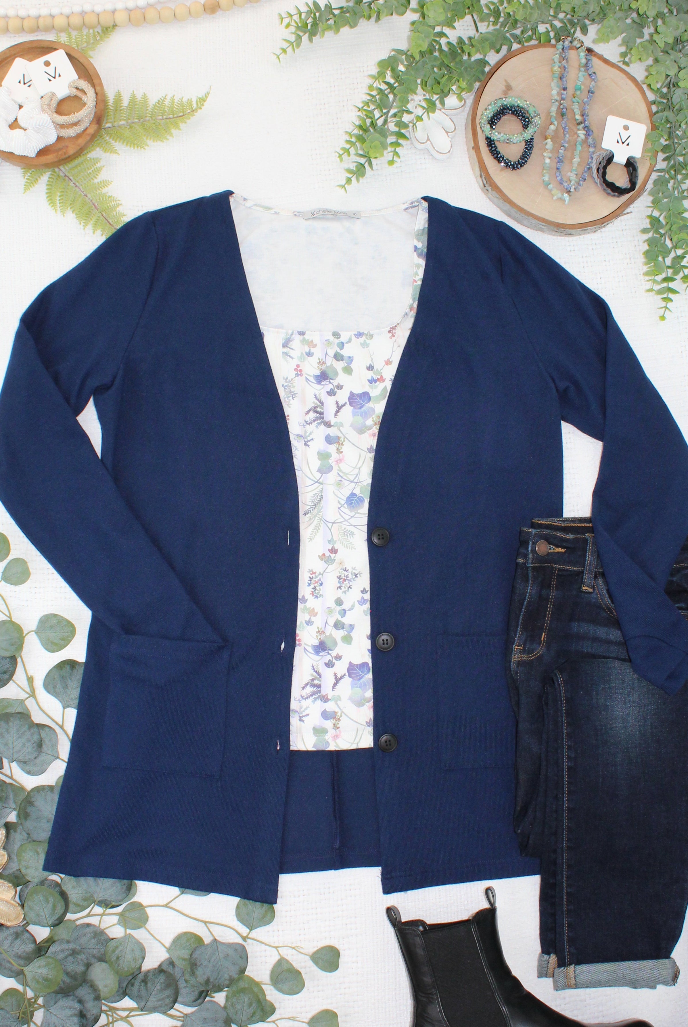 08.21 EN ROUTE Cori Cardigan - Navy-Cardigan-Dear Me Southern Boutique, located in DeRidder, Louisiana