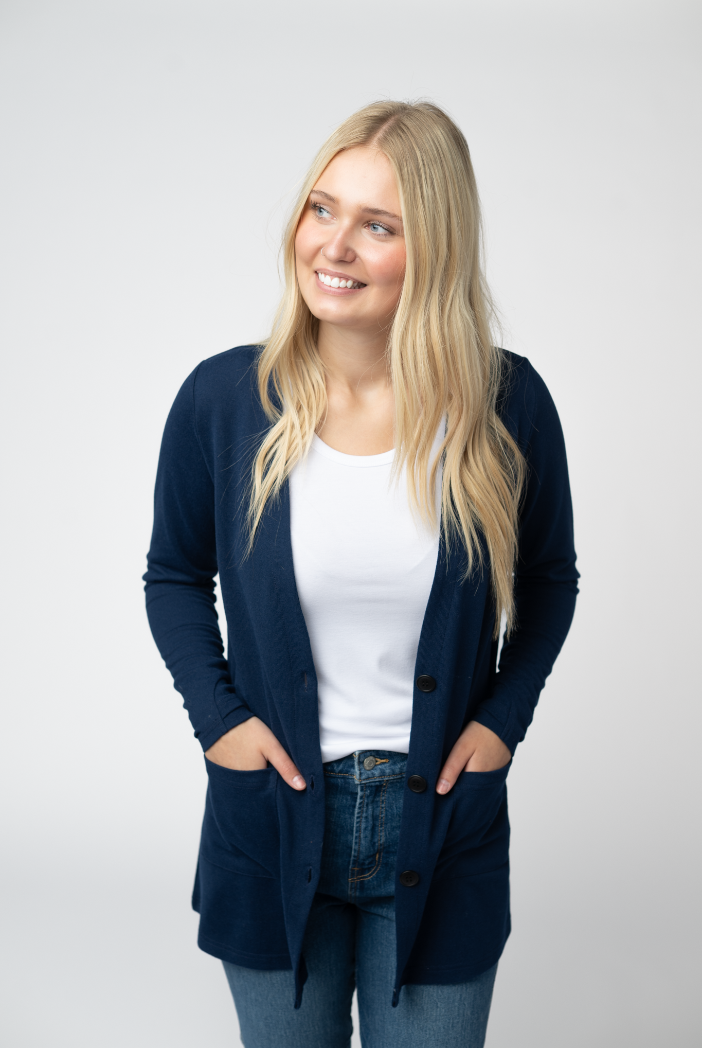 08.21 EN ROUTE Cori Cardigan - Navy-Cardigan-Dear Me Southern Boutique, located in DeRidder, Louisiana