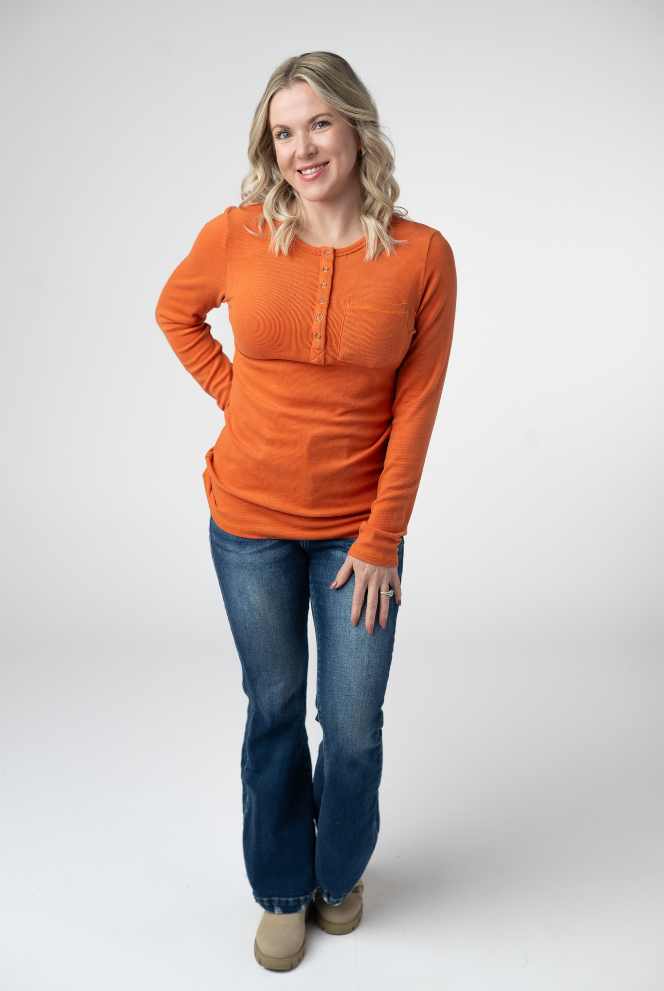 08.21 EN ROUTE Georgia Long Sleeve Top - Pumpkin Spice-Tops-Dear Me Southern Boutique, located in DeRidder, Louisiana