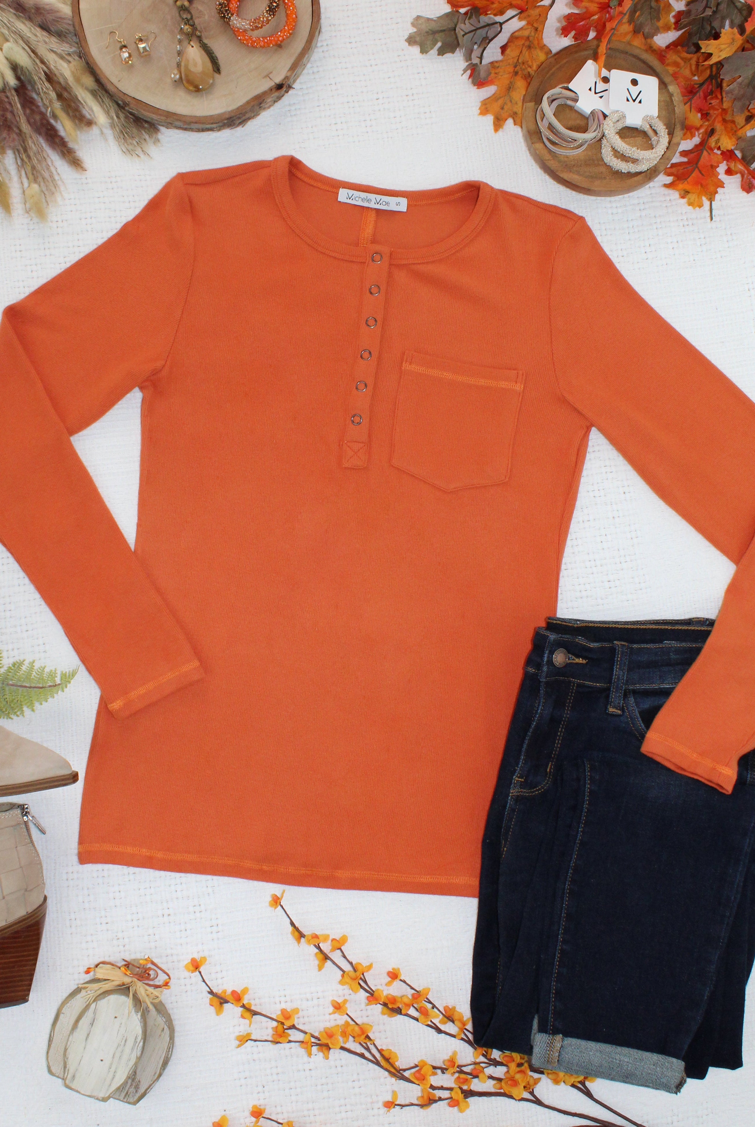 08.21 EN ROUTE Georgia Long Sleeve Top - Pumpkin Spice-Tops-Dear Me Southern Boutique, located in DeRidder, Louisiana