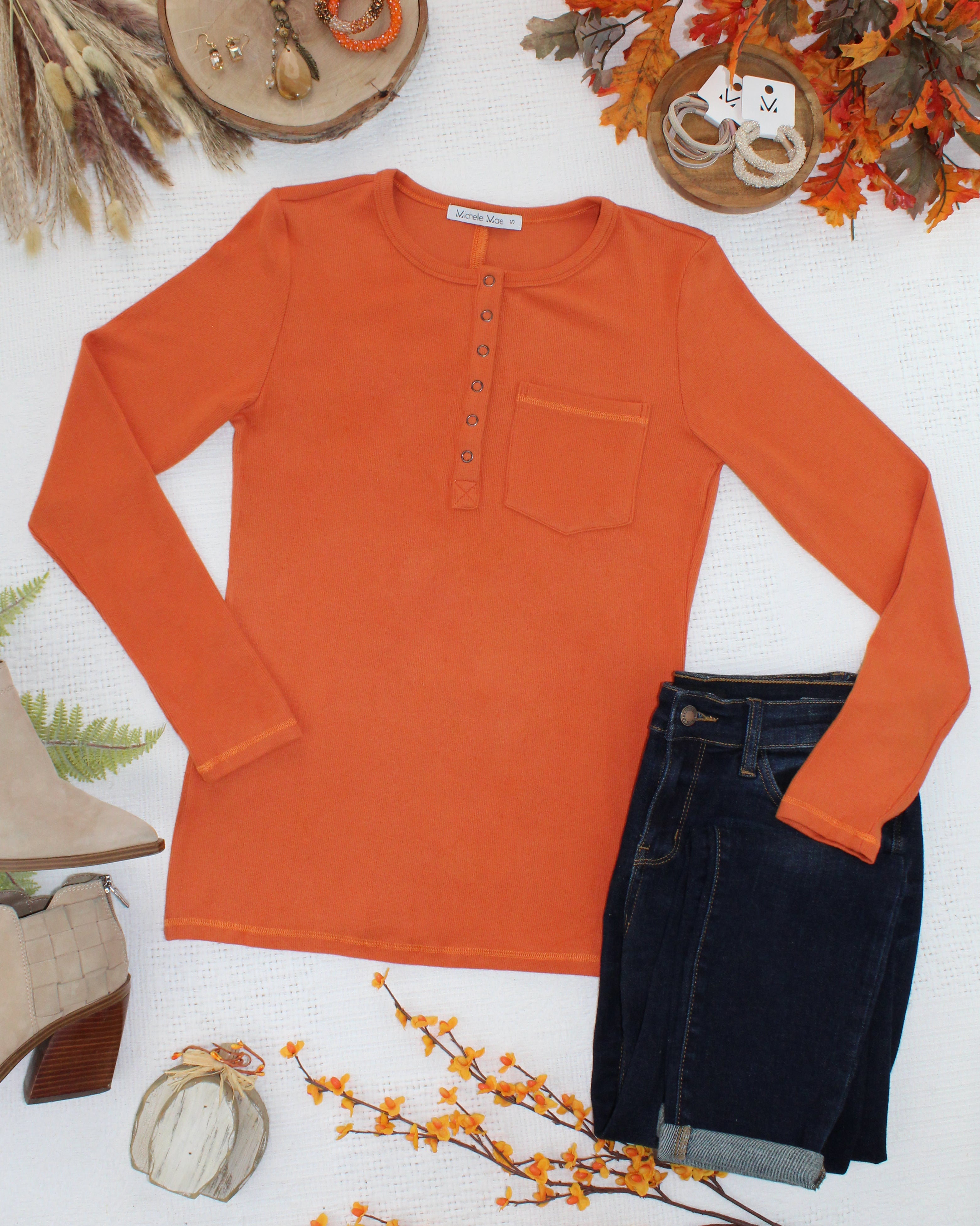 08.21 EN ROUTE Georgia Long Sleeve Top - Pumpkin Spice-Tops-Dear Me Southern Boutique, located in DeRidder, Louisiana