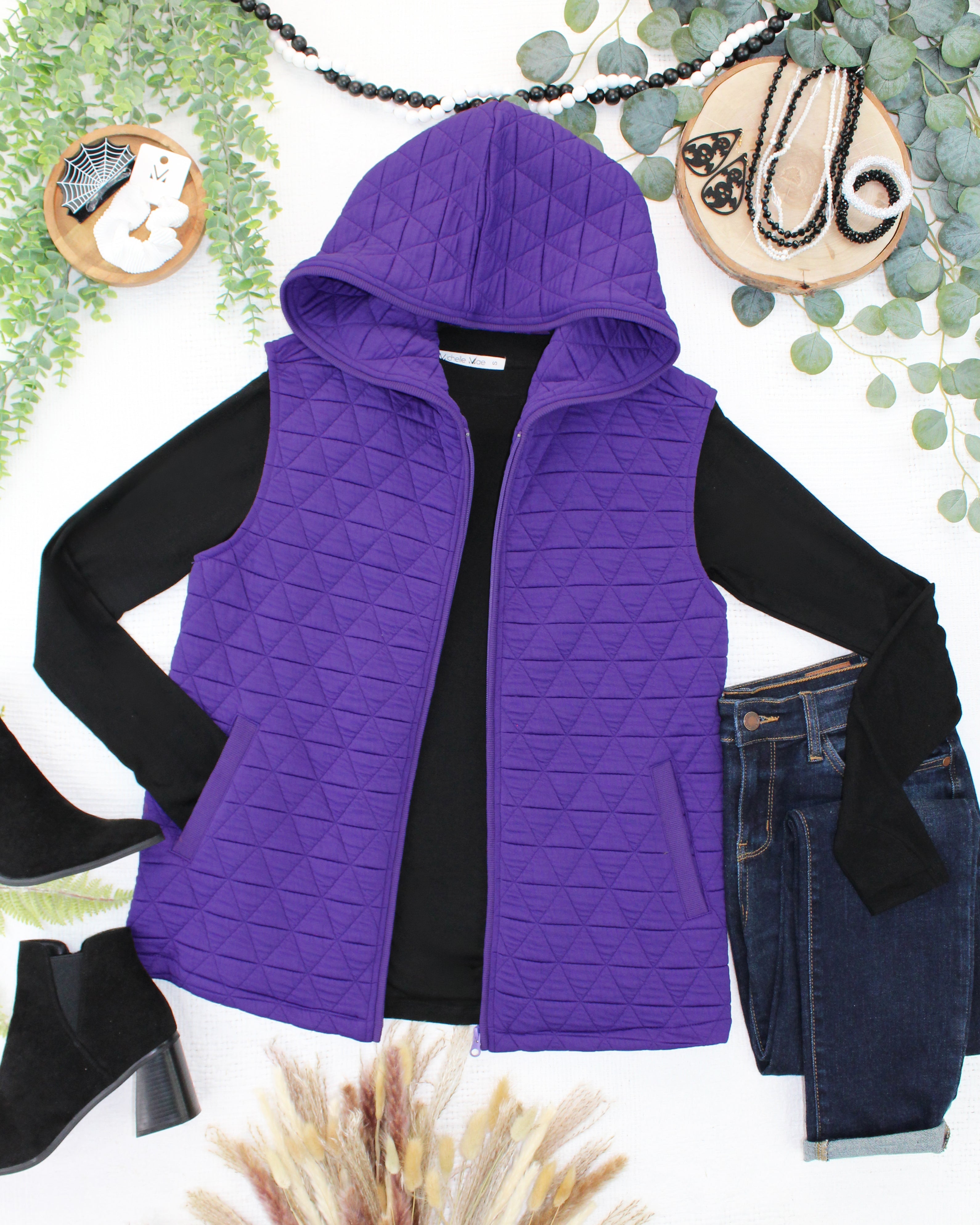 08.21 EN ROUTE Heather Geometric Hooded Vest - Purple-Vest-Dear Me Southern Boutique, located in DeRidder, Louisiana