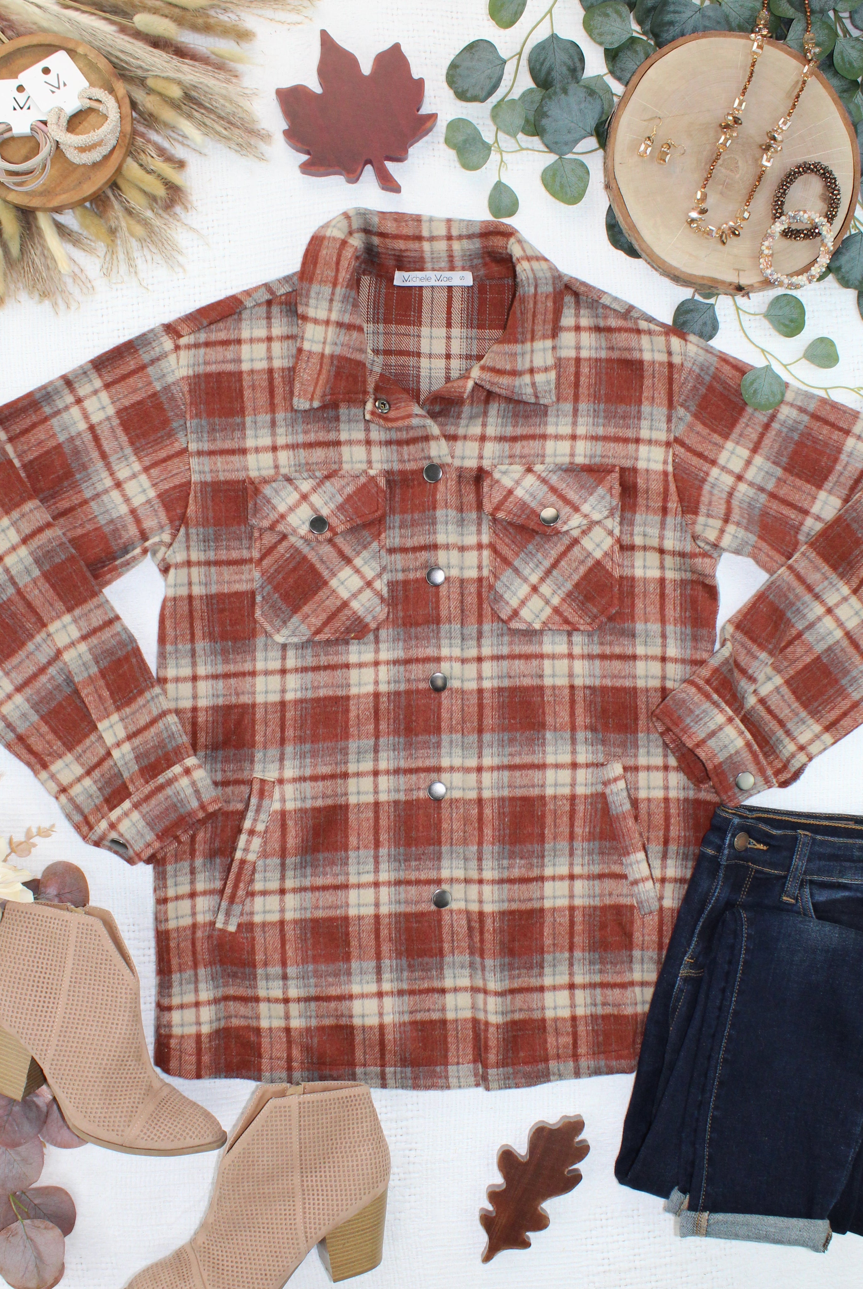 08.21 EN ROUTE Norah Shacket - Brick Plaid-shacket-Dear Me Southern Boutique, located in DeRidder, Louisiana