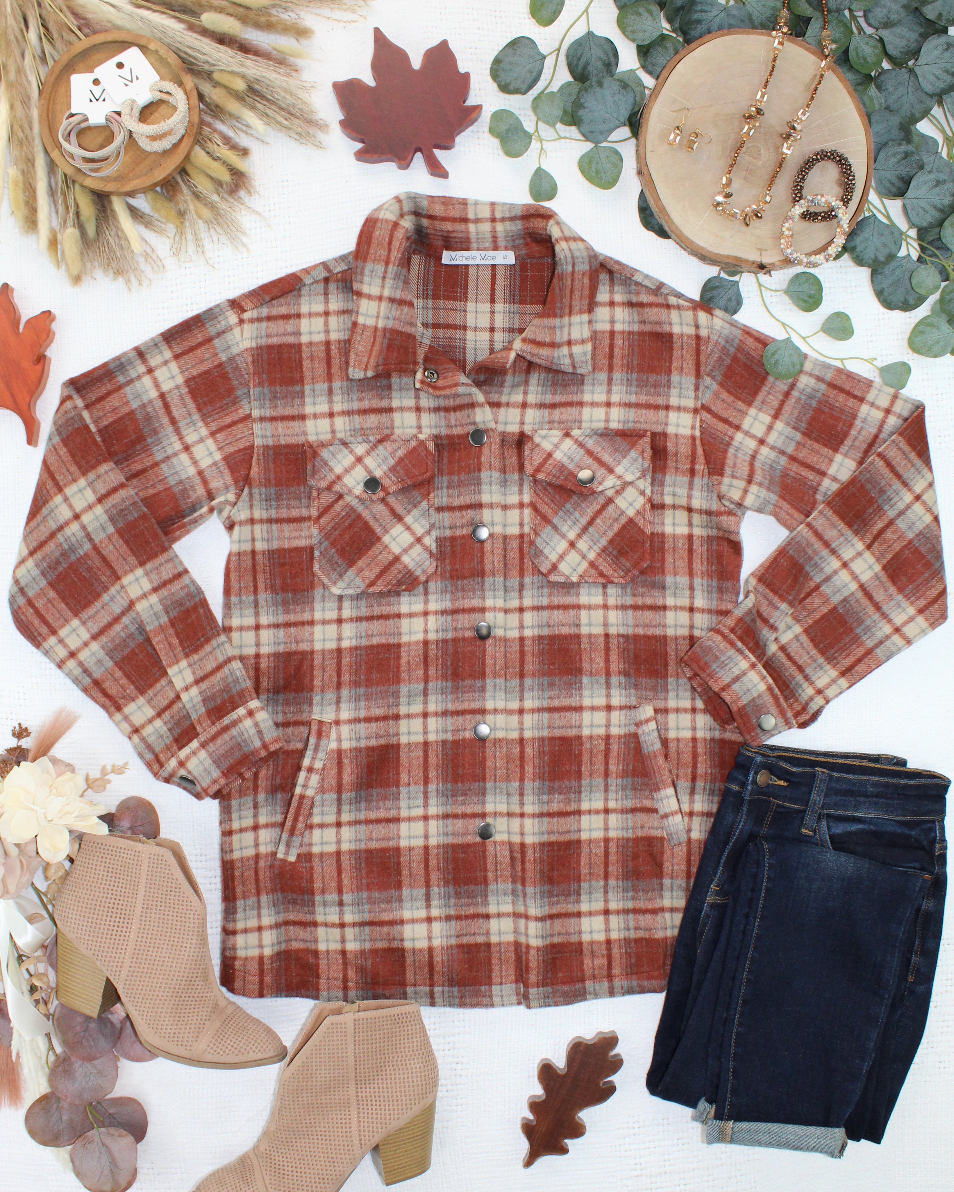 08.21 EN ROUTE Norah Shacket - Brick Plaid-shacket-Dear Me Southern Boutique, located in DeRidder, Louisiana