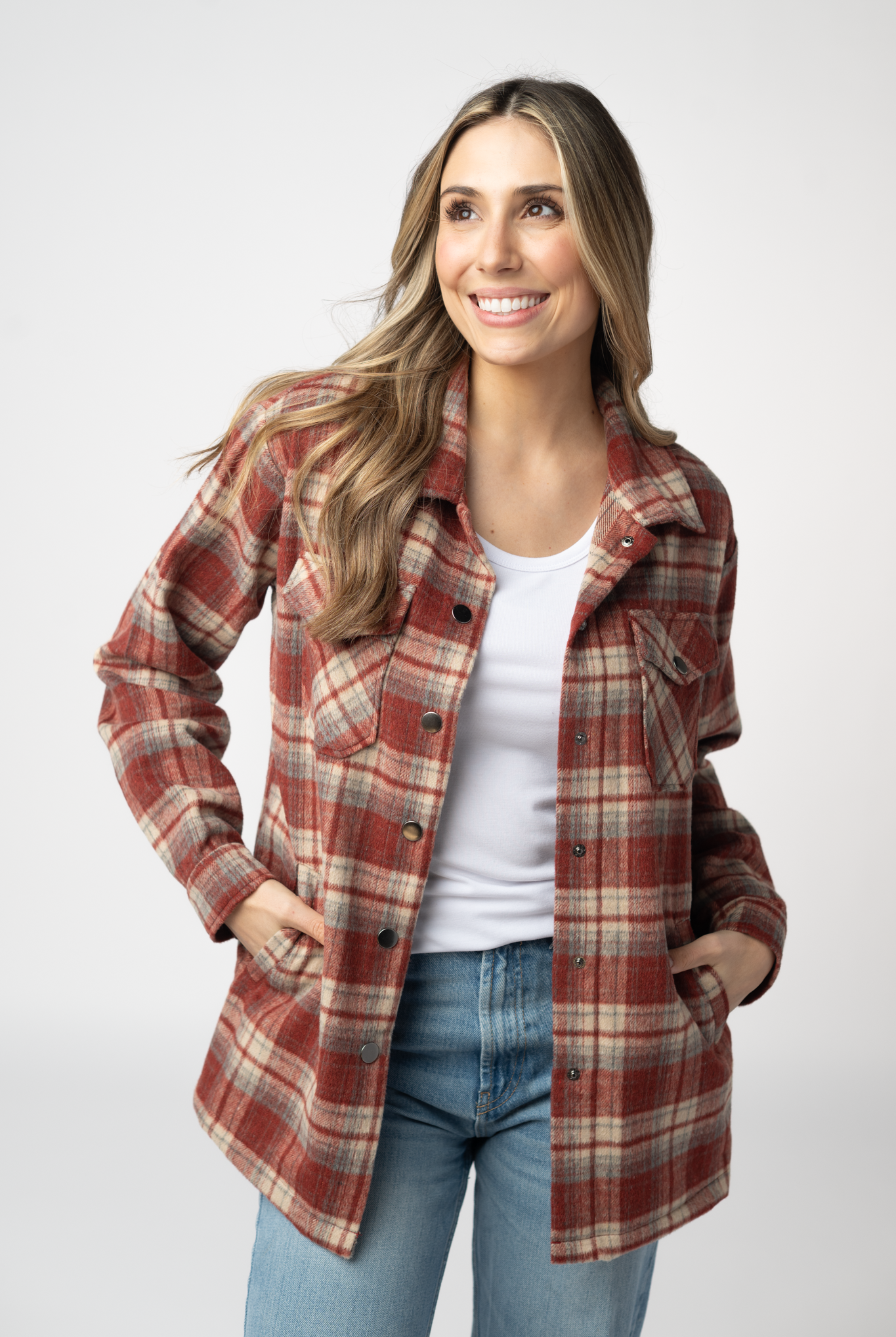 08.21 EN ROUTE Norah Shacket - Brick Plaid-shacket-Dear Me Southern Boutique, located in DeRidder, Louisiana