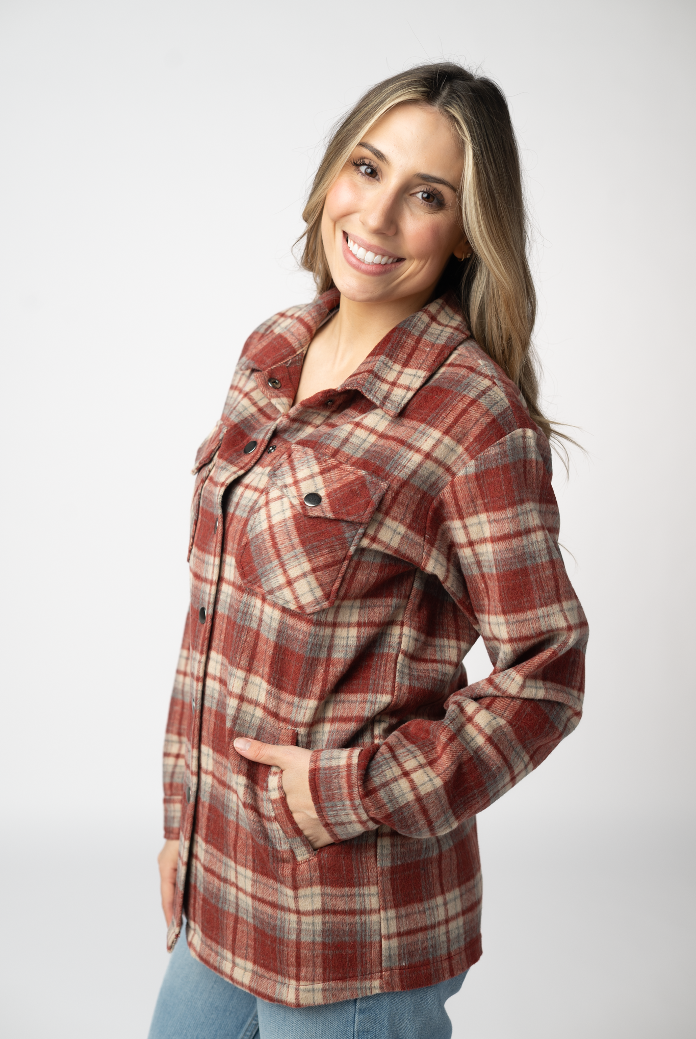 08.21 EN ROUTE Norah Shacket - Brick Plaid-shacket-Dear Me Southern Boutique, located in DeRidder, Louisiana