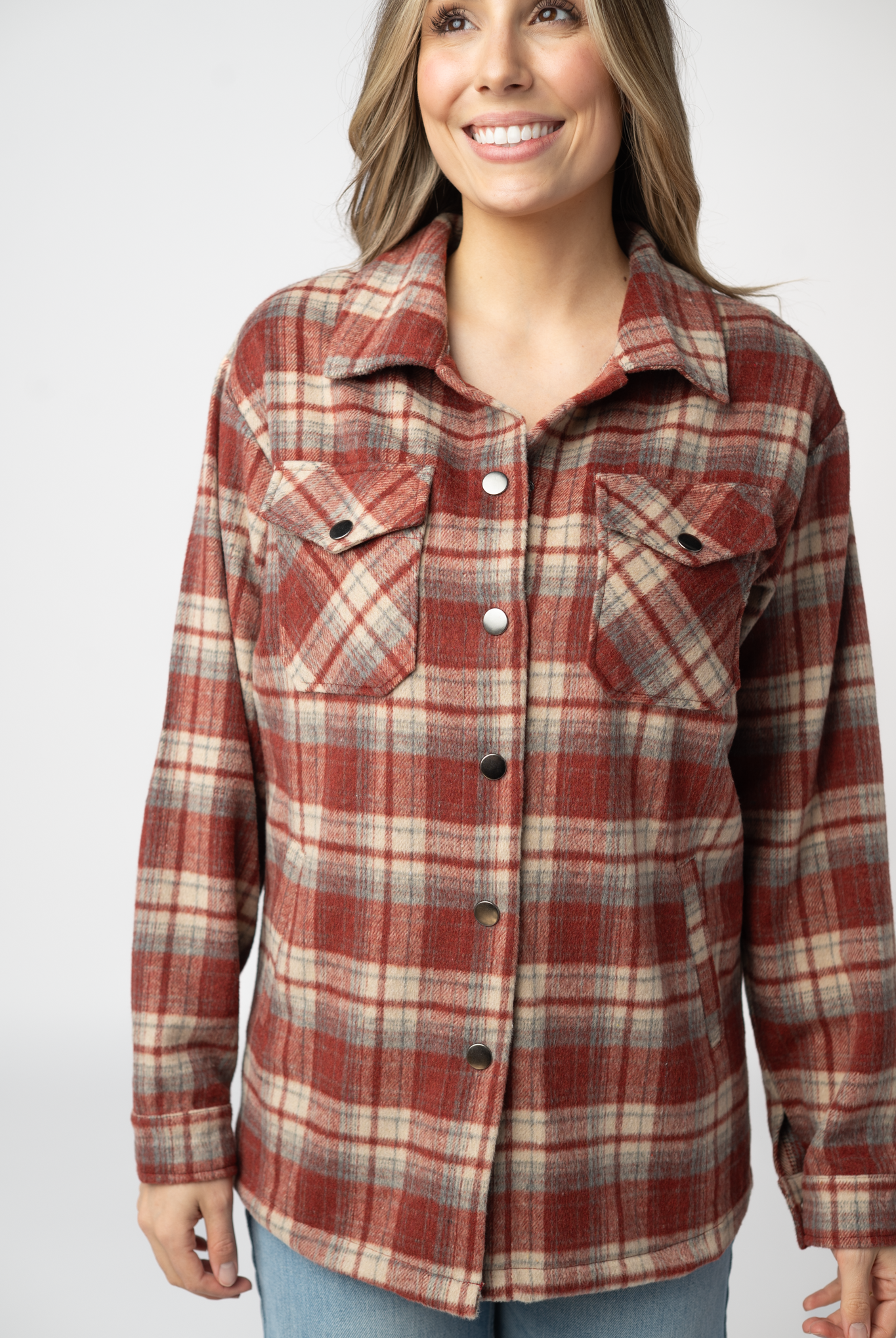 08.21 EN ROUTE Norah Shacket - Brick Plaid-shacket-Dear Me Southern Boutique, located in DeRidder, Louisiana