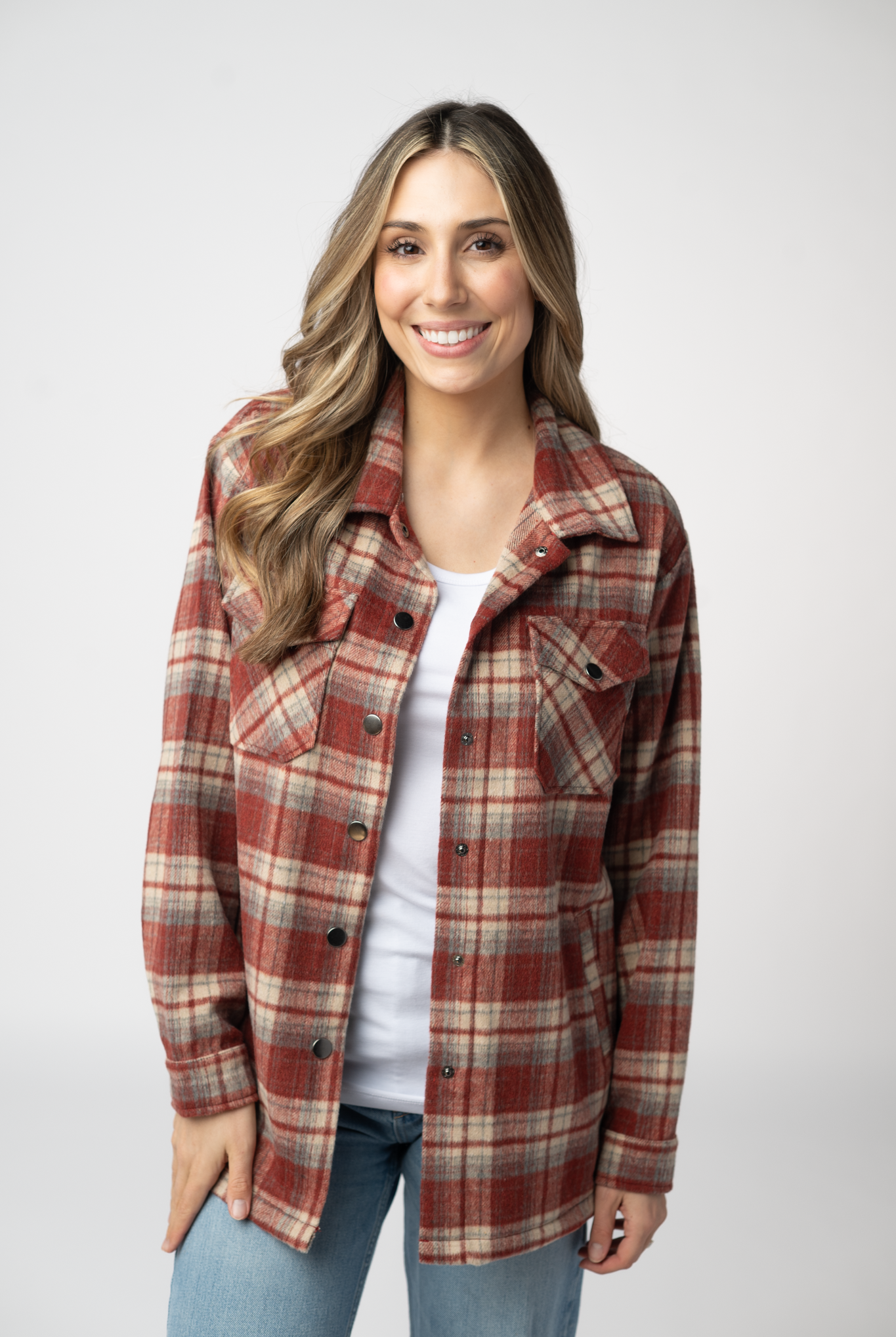 08.21 EN ROUTE Norah Shacket - Brick Plaid-shacket-Dear Me Southern Boutique, located in DeRidder, Louisiana