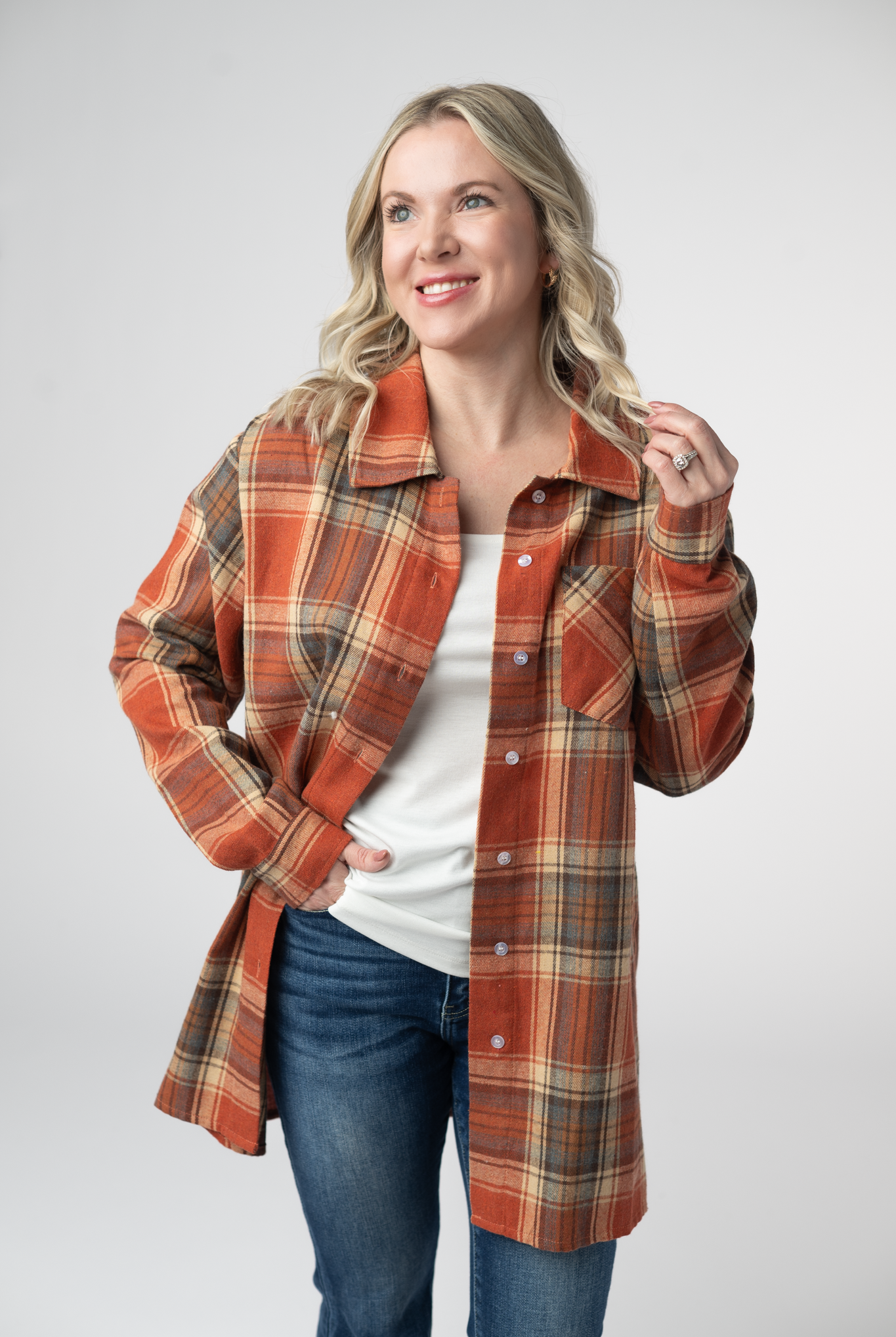 08.21 EN ROUTE Tunic Plaid Top - Pumpkin Plaid-Tops-Dear Me Southern Boutique, located in DeRidder, Louisiana
