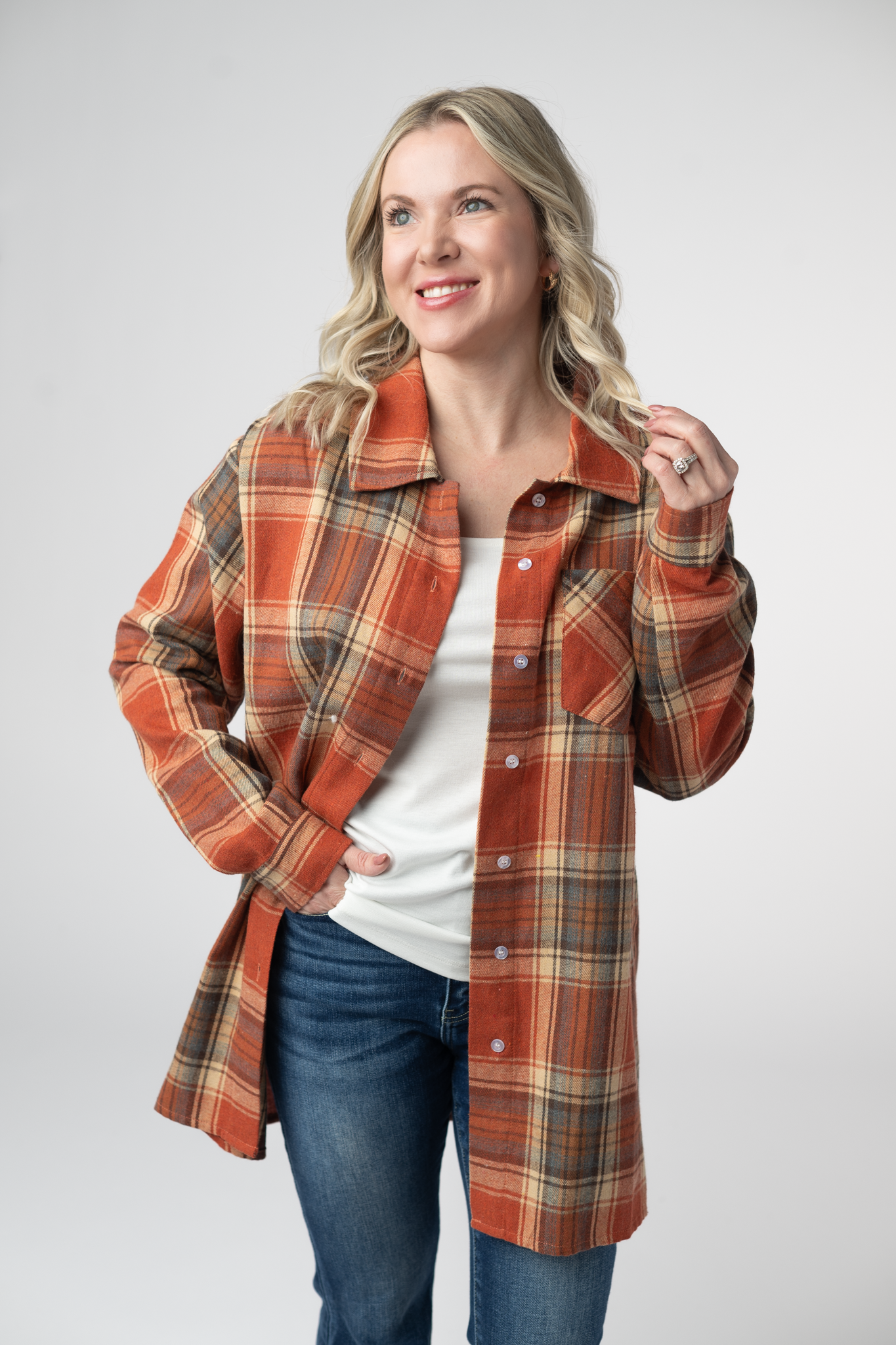 08.21 EN ROUTE Tunic Plaid Top - Pumpkin Plaid-Tops-Dear Me Southern Boutique, located in DeRidder, Louisiana