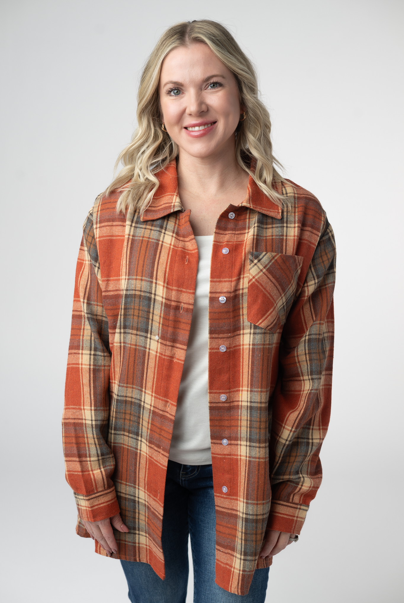 08.21 EN ROUTE Tunic Plaid Top - Pumpkin Plaid-Tops-Dear Me Southern Boutique, located in DeRidder, Louisiana