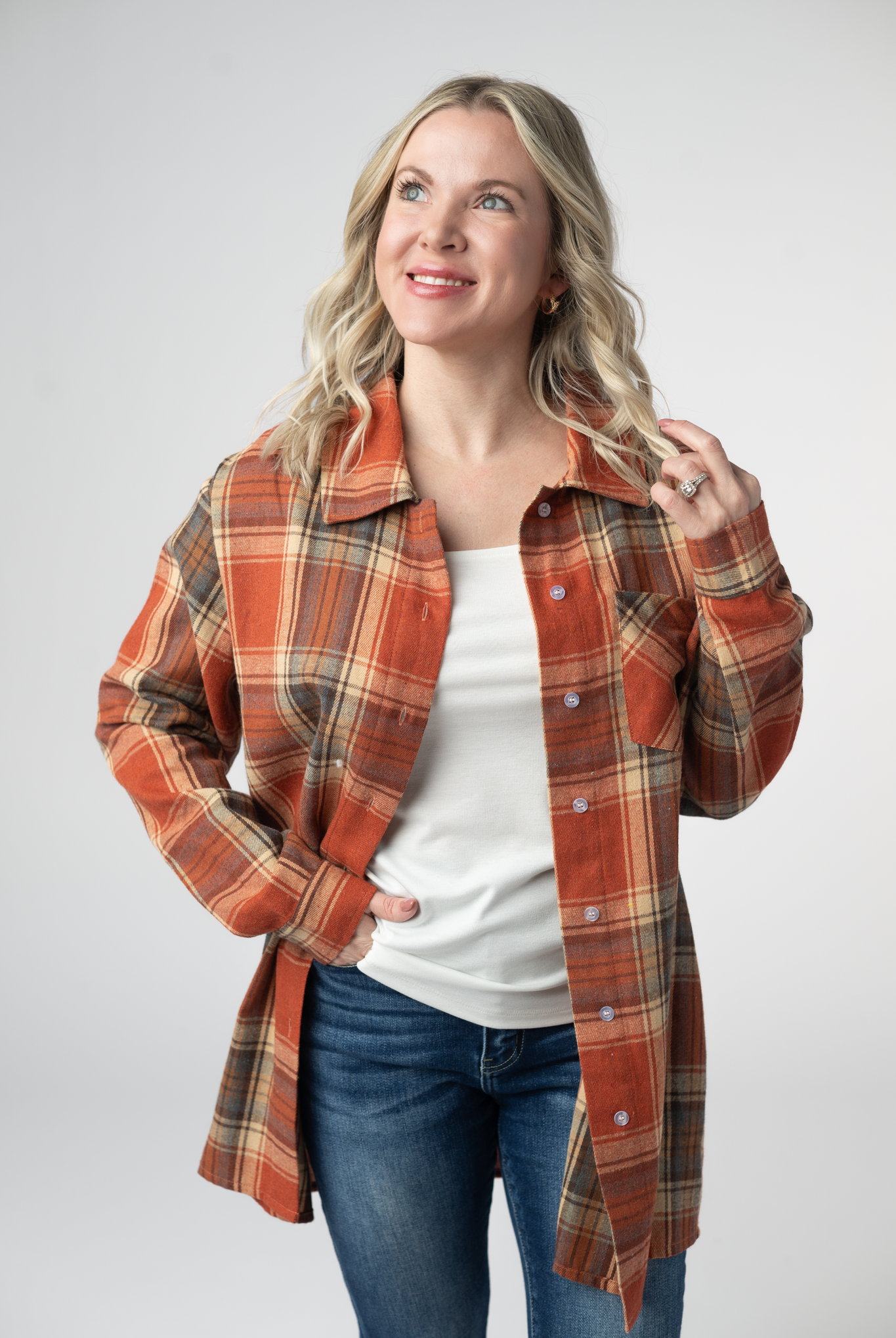 08.21 EN ROUTE Tunic Plaid Top - Pumpkin Plaid-Tops-Dear Me Southern Boutique, located in DeRidder, Louisiana