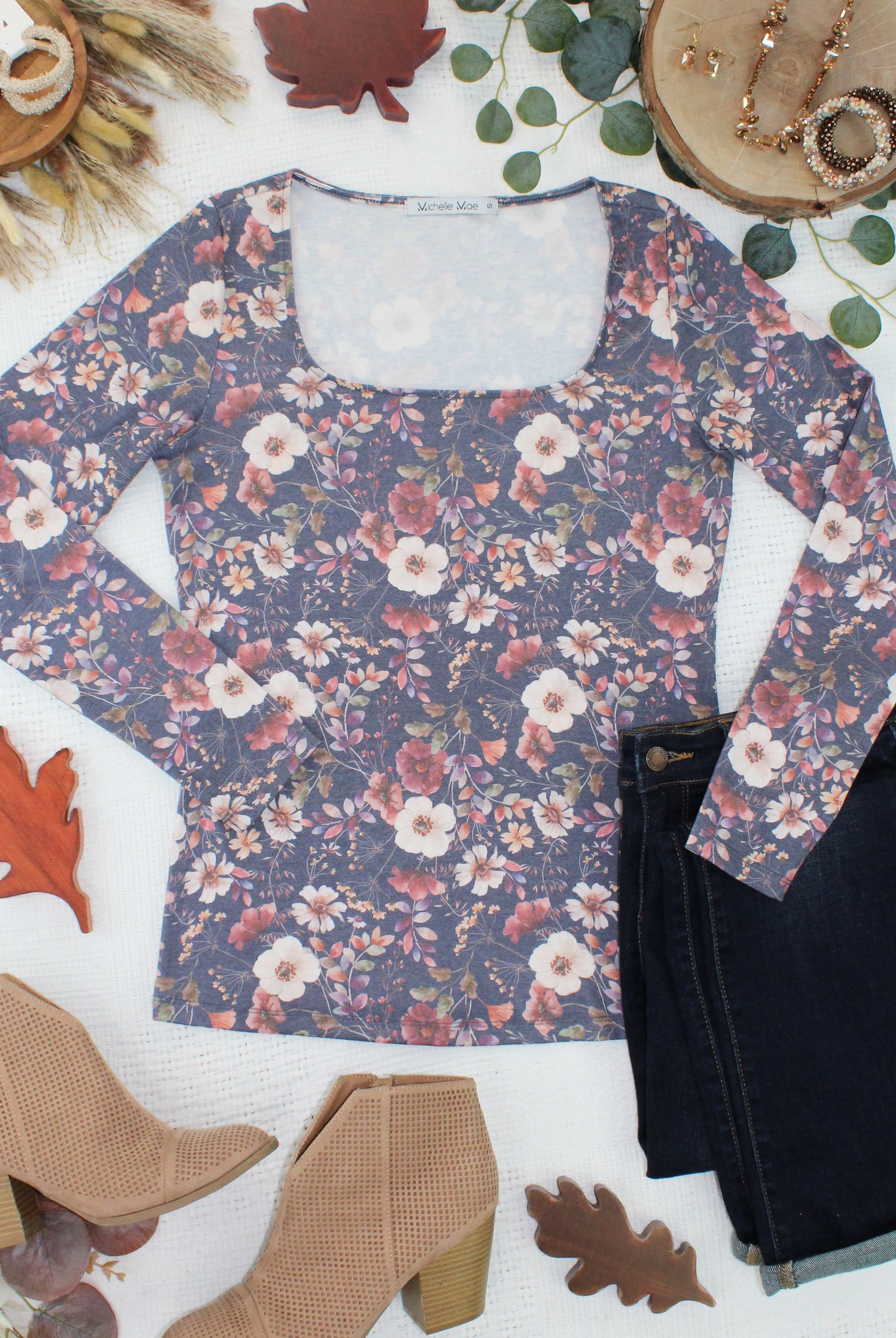 09.02 EN ROUTE Alyssa Long Sleeve Top - Blushwood Floral-Tops-Dear Me Southern Boutique, located in DeRidder, Louisiana