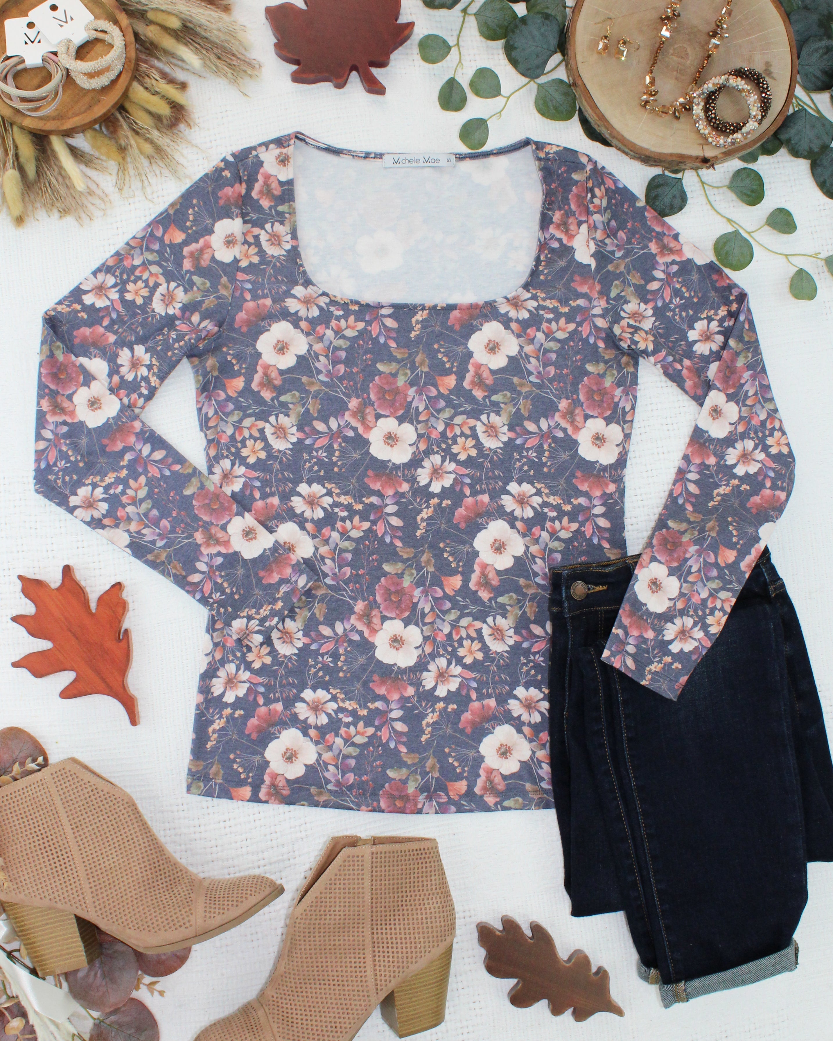 09.02 EN ROUTE Alyssa Long Sleeve Top - Blushwood Floral-Tops-Dear Me Southern Boutique, located in DeRidder, Louisiana