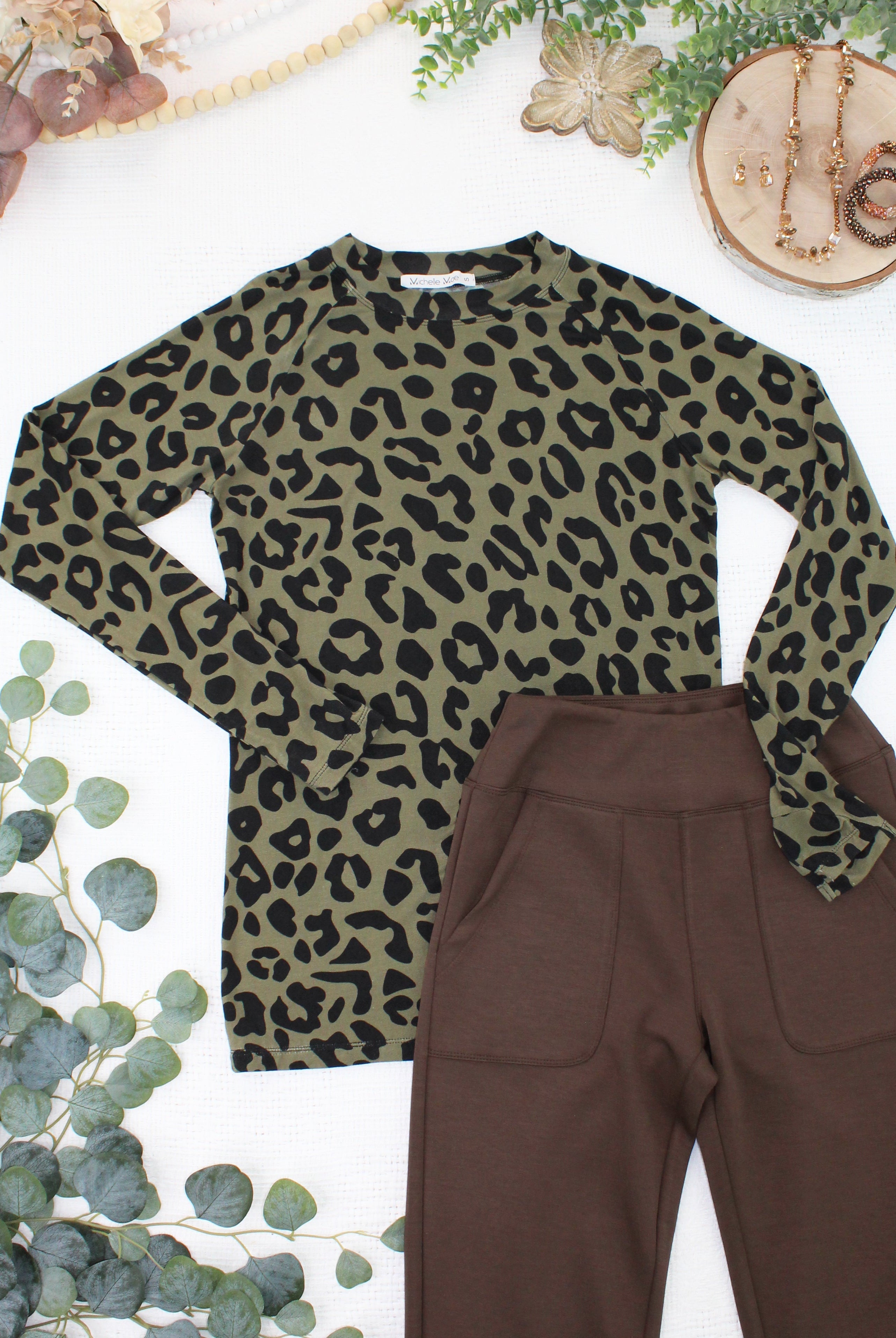 09.02 EN ROUTE Blair Long Sleeve Top - Olive Animal Print-Tops-Dear Me Southern Boutique, located in DeRidder, Louisiana