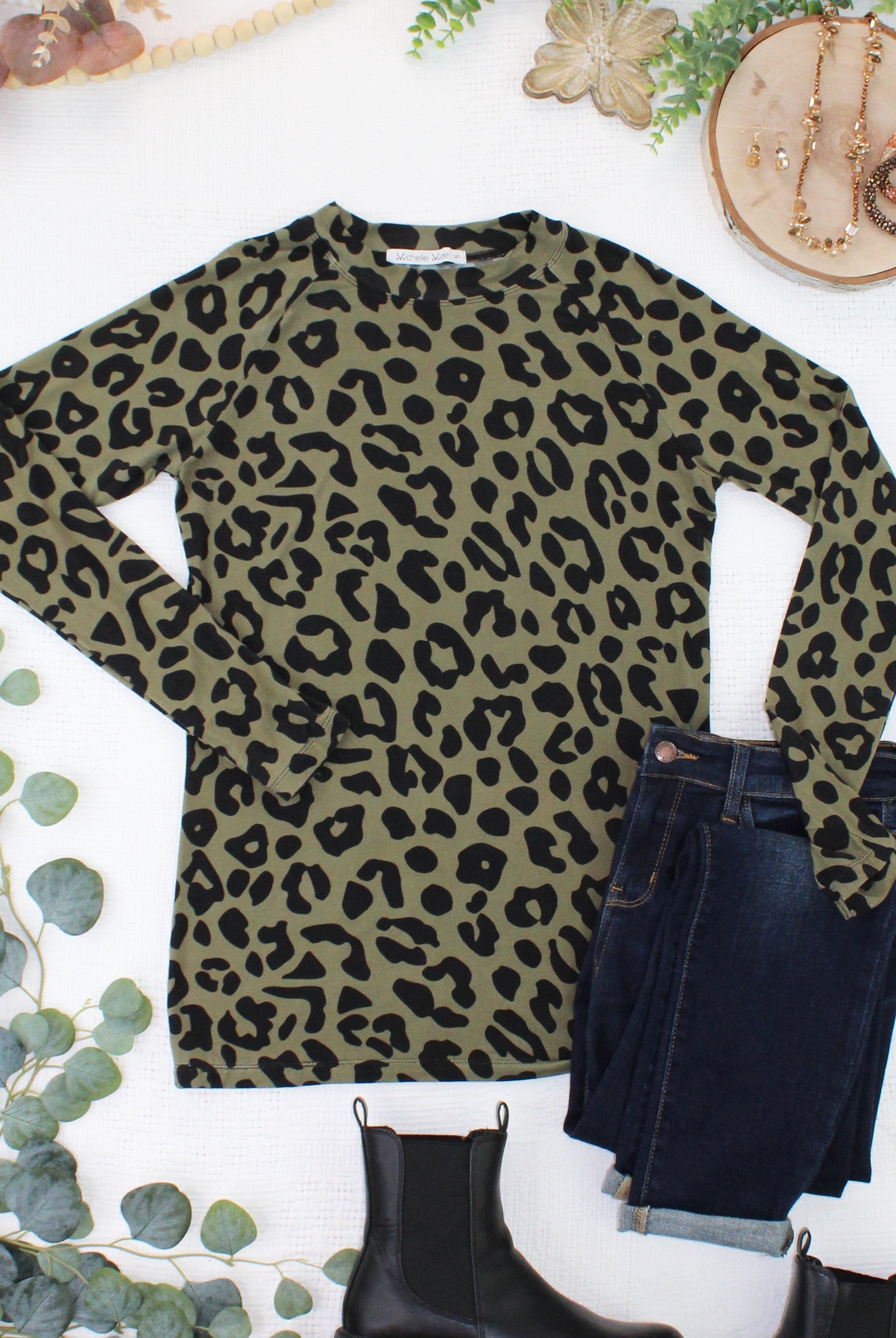 09.02 EN ROUTE Blair Long Sleeve Top - Olive Animal Print-Tops-Dear Me Southern Boutique, located in DeRidder, Louisiana