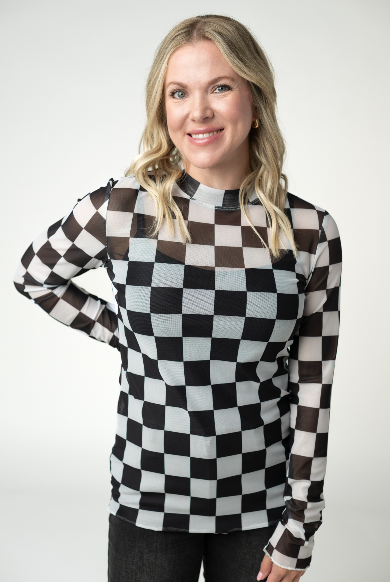 09.02 EN ROUTE Blair Mesh Long Sleeve Top - Black and White Checkers-Tops-Dear Me Southern Boutique, located in DeRidder, Louisiana
