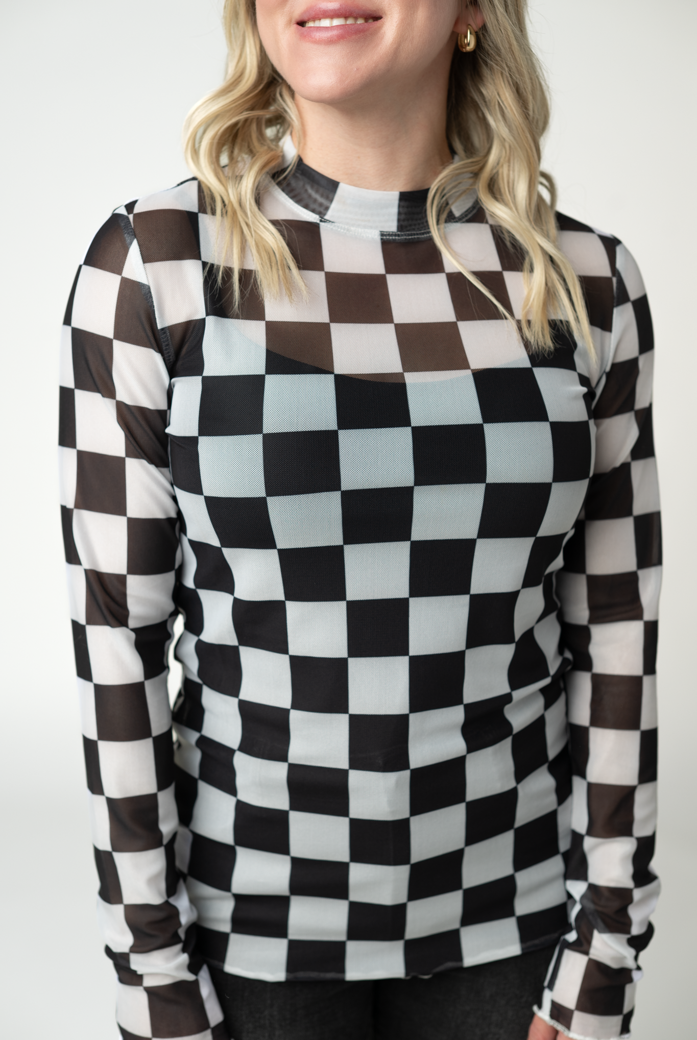 09.02 EN ROUTE Blair Mesh Long Sleeve Top - Black and White Checkers-Tops-Dear Me Southern Boutique, located in DeRidder, Louisiana