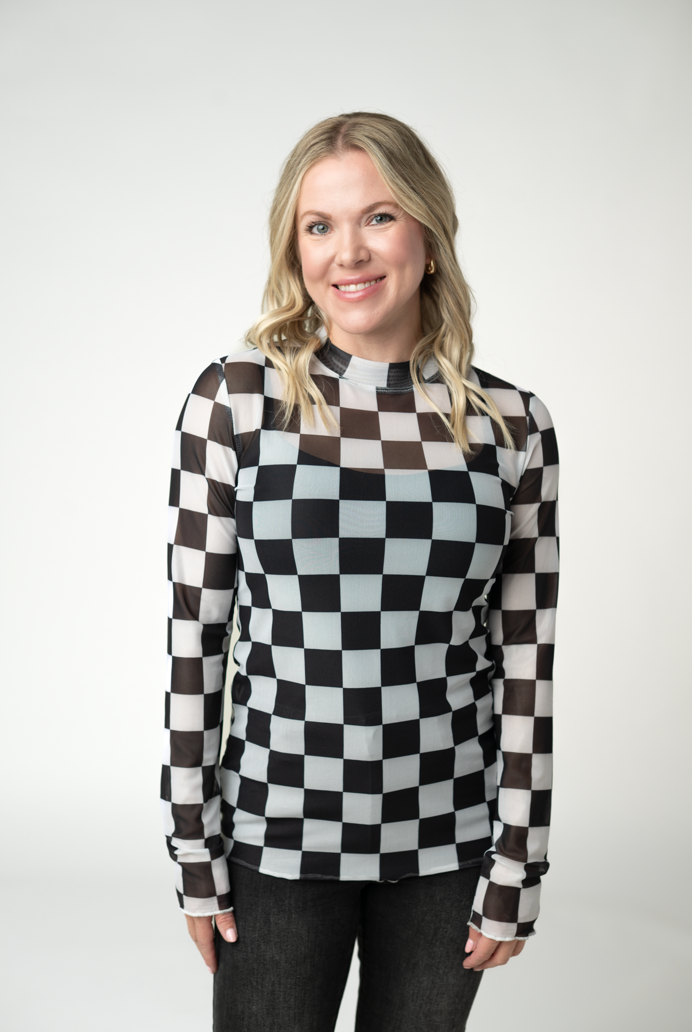09.02 EN ROUTE Blair Mesh Long Sleeve Top - Black and White Checkers-Tops-Dear Me Southern Boutique, located in DeRidder, Louisiana