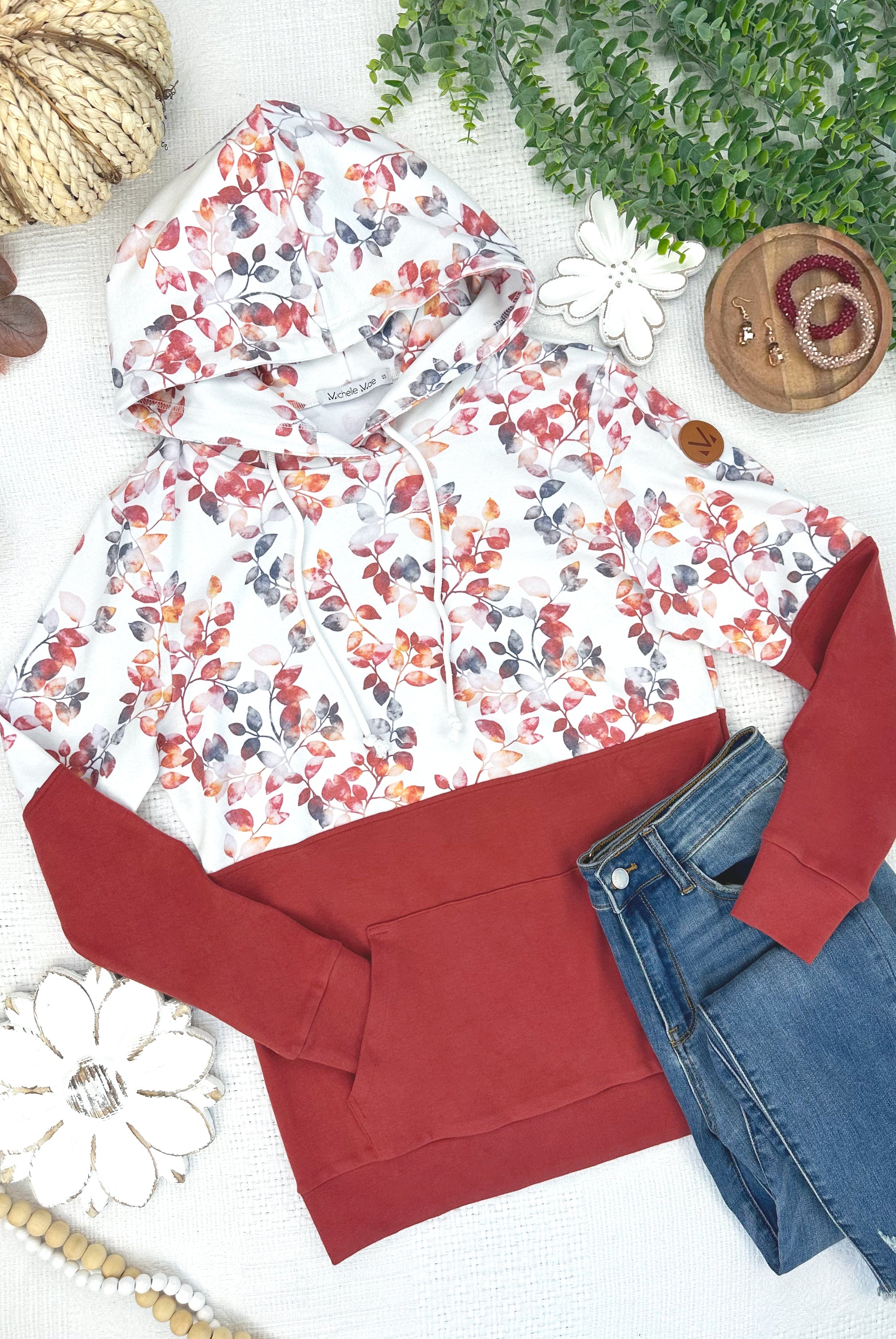 09.02 EN ROUTE Hailey Pullover Hoodie - Autumn Watercolor and Brick-Hoodie-Dear Me Southern Boutique, located in DeRidder, Louisiana