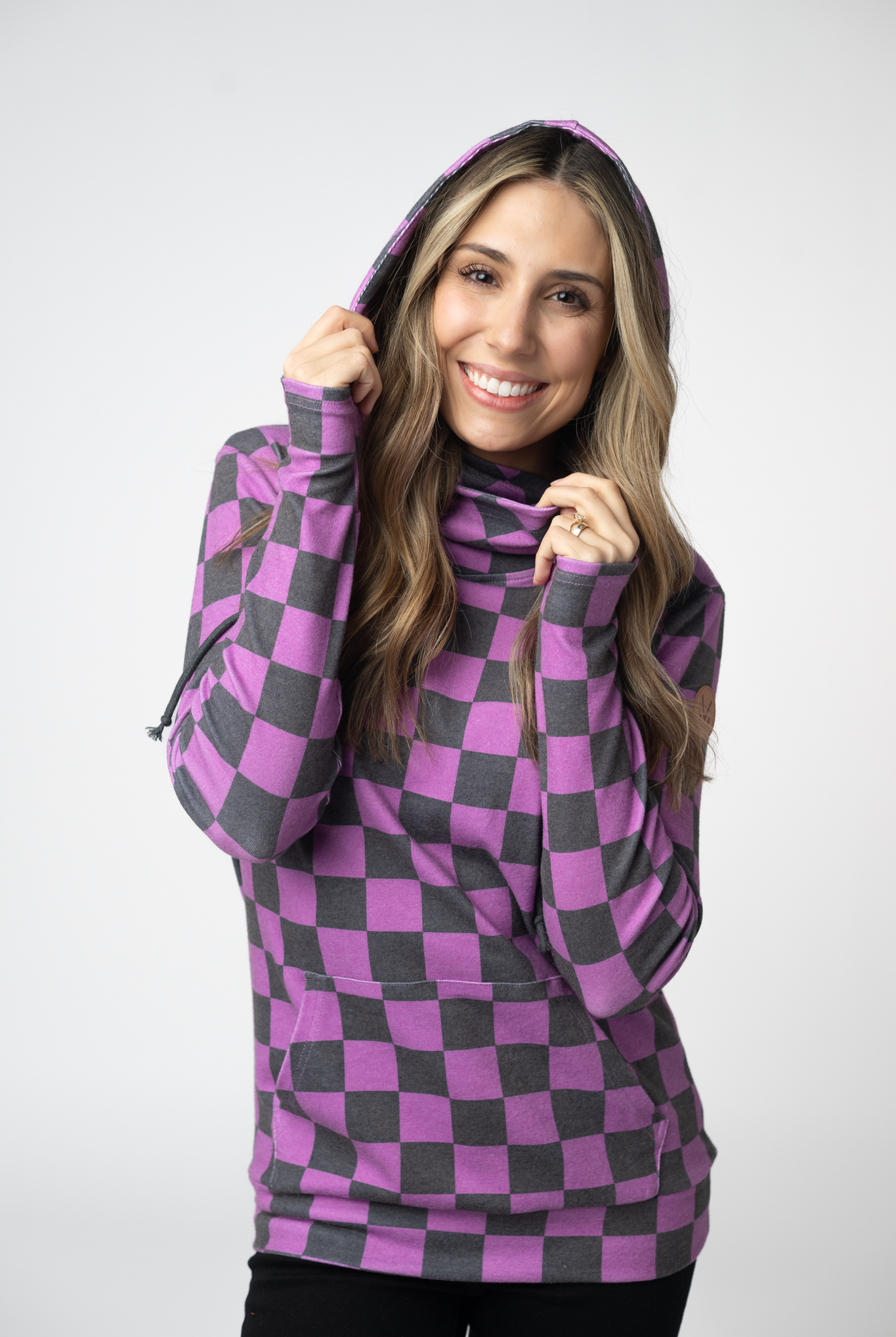 09.09 EN ROUTE Ashley Hoodie - Black and Purple Checkers-clothing-Dear Me Southern Boutique, located in DeRidder, Louisiana