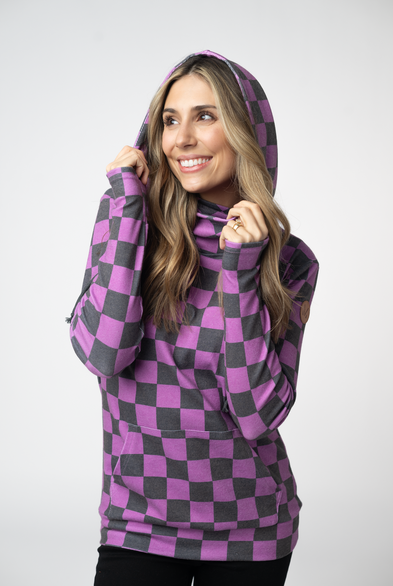 09.09 EN ROUTE Ashley Hoodie - Black and Purple Checkers-clothing-Dear Me Southern Boutique, located in DeRidder, Louisiana