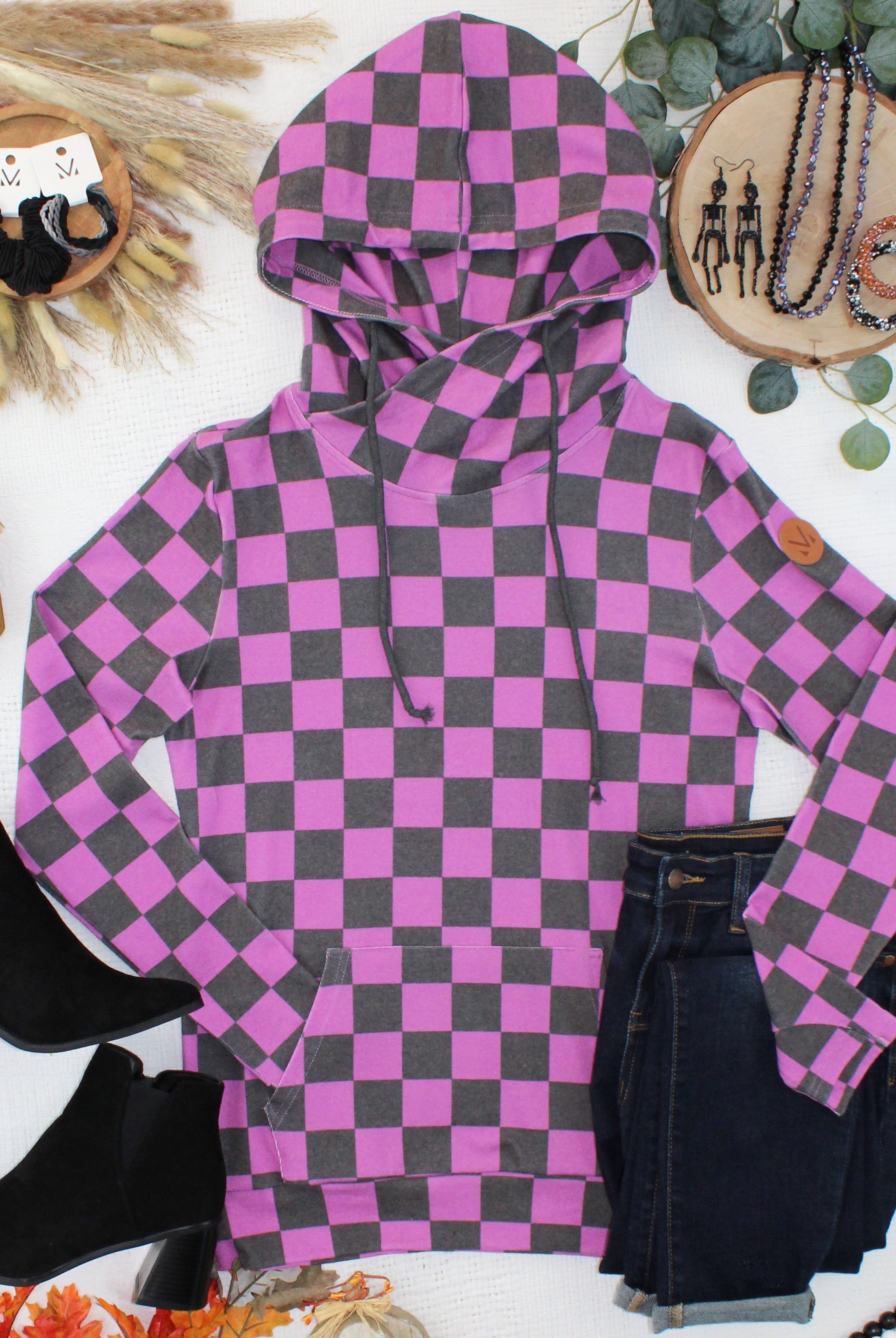 09.09 EN ROUTE Ashley Hoodie - Black and Purple Checkers-clothing-Dear Me Southern Boutique, located in DeRidder, Louisiana