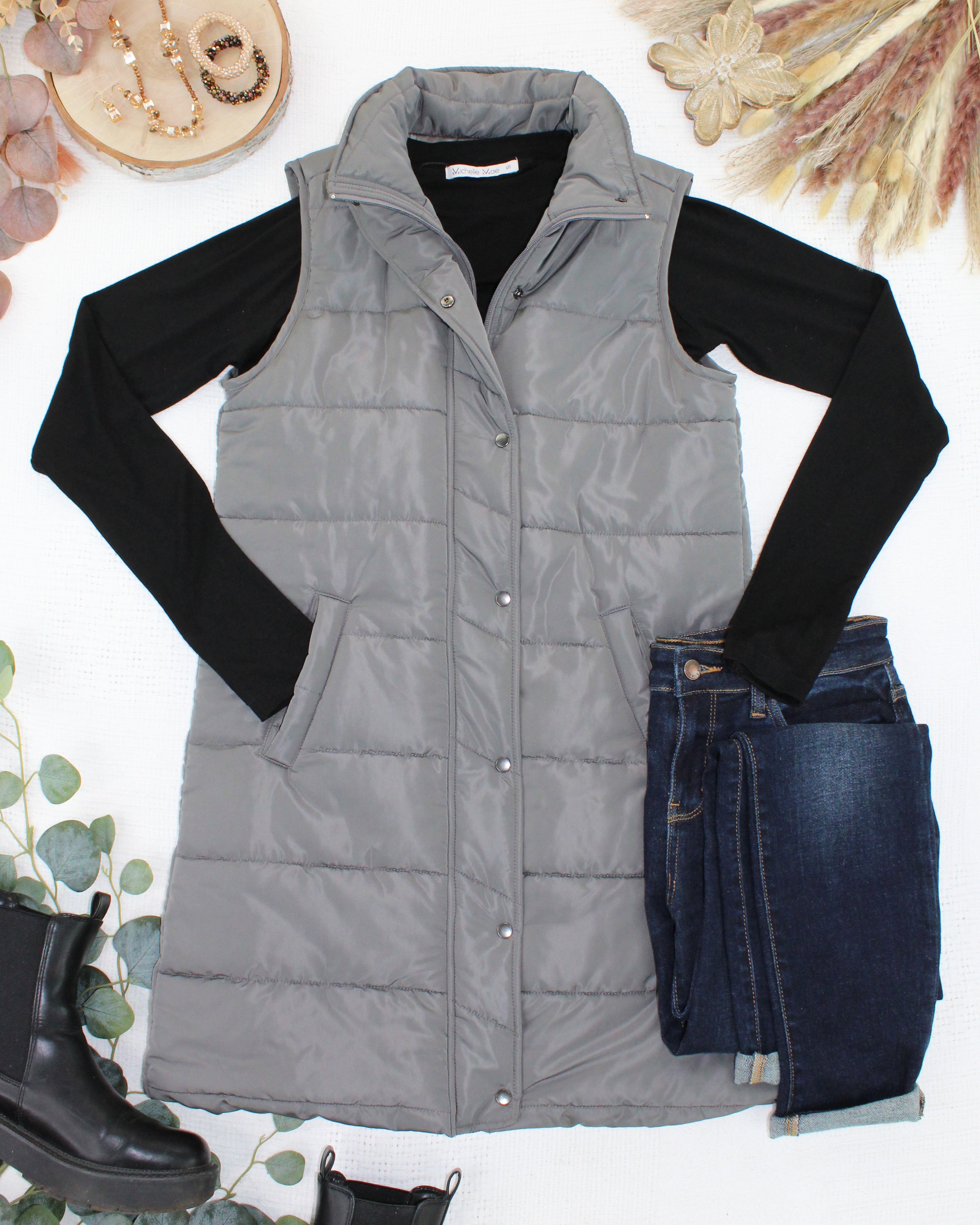 09.09 EN ROUTE Harlow Long Vest - Grey-clothing-Dear Me Southern Boutique, located in DeRidder, Louisiana