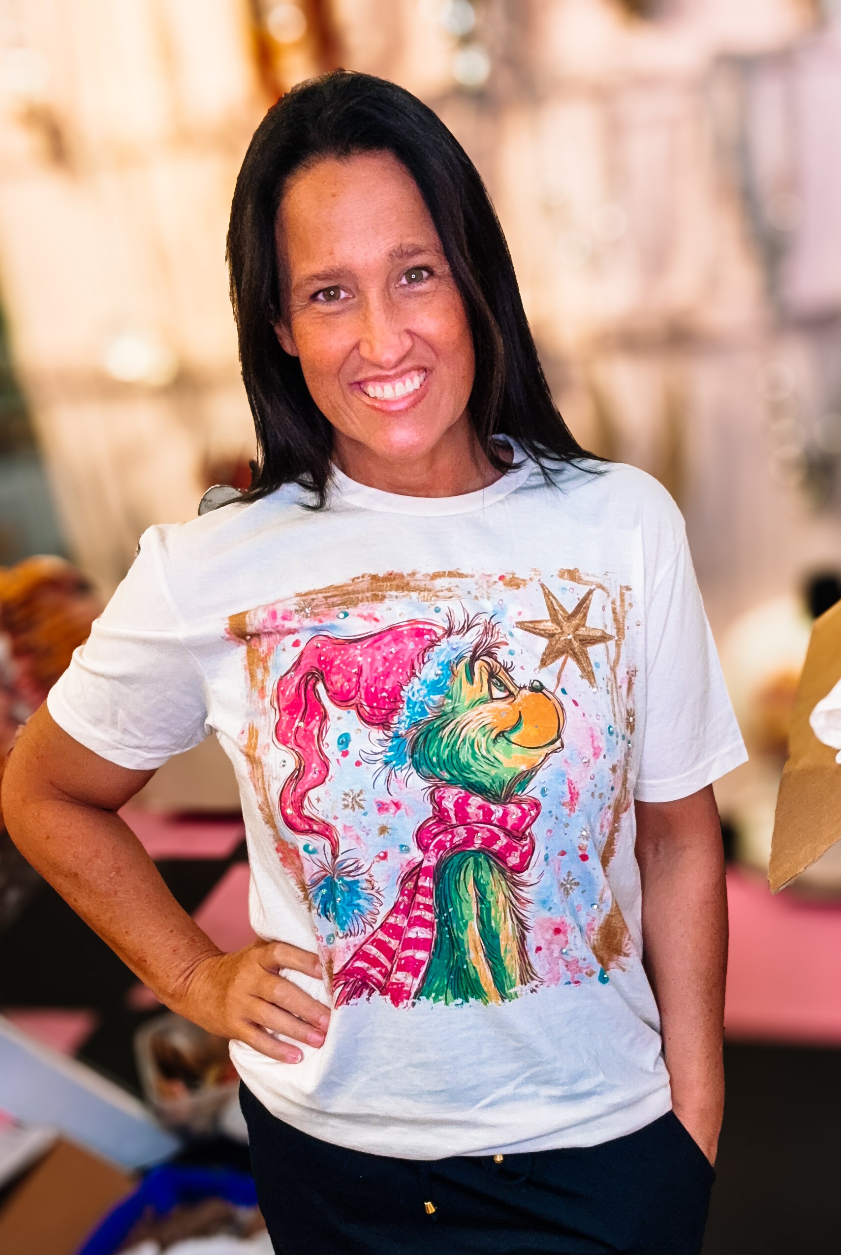 A Grinchmas Wish Bougie Rhinestone Tee-Graphic Tees-Dear Me Southern Boutique, located in DeRidder, Louisiana