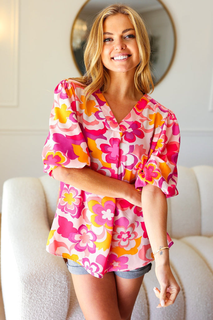All That You Need Pink Floral Puff Sleeve V Neck Top-Dear Me Southern Boutique, located in DeRidder, Louisiana
