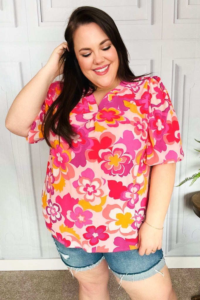 All That You Need Pink Floral Puff Sleeve V Neck Top-Dear Me Southern Boutique, located in DeRidder, Louisiana