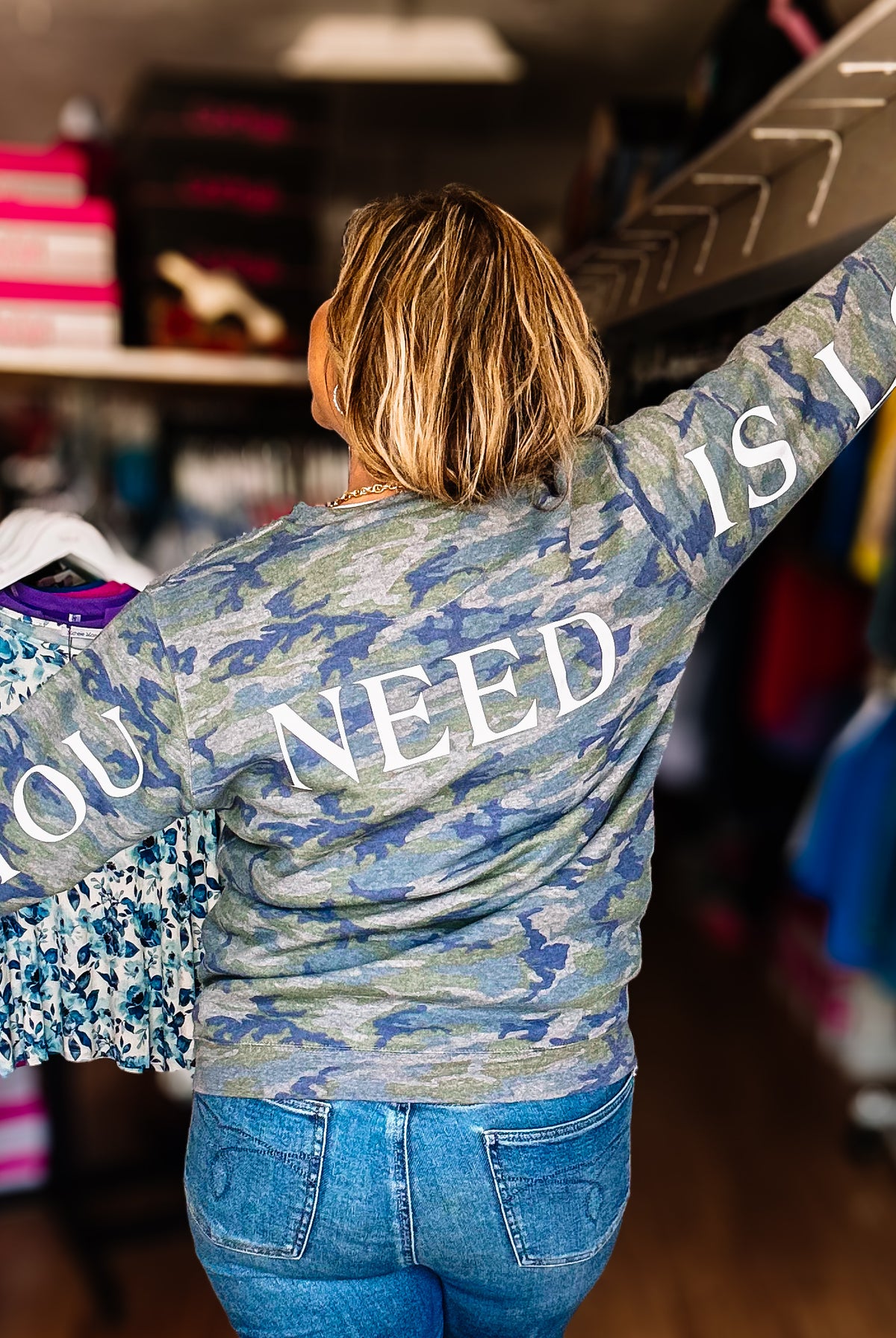 All You Need Is Love Camo Large Print Sweatshirt-Sweatshirts-Dear Me Southern Boutique, located in DeRidder, Louisiana