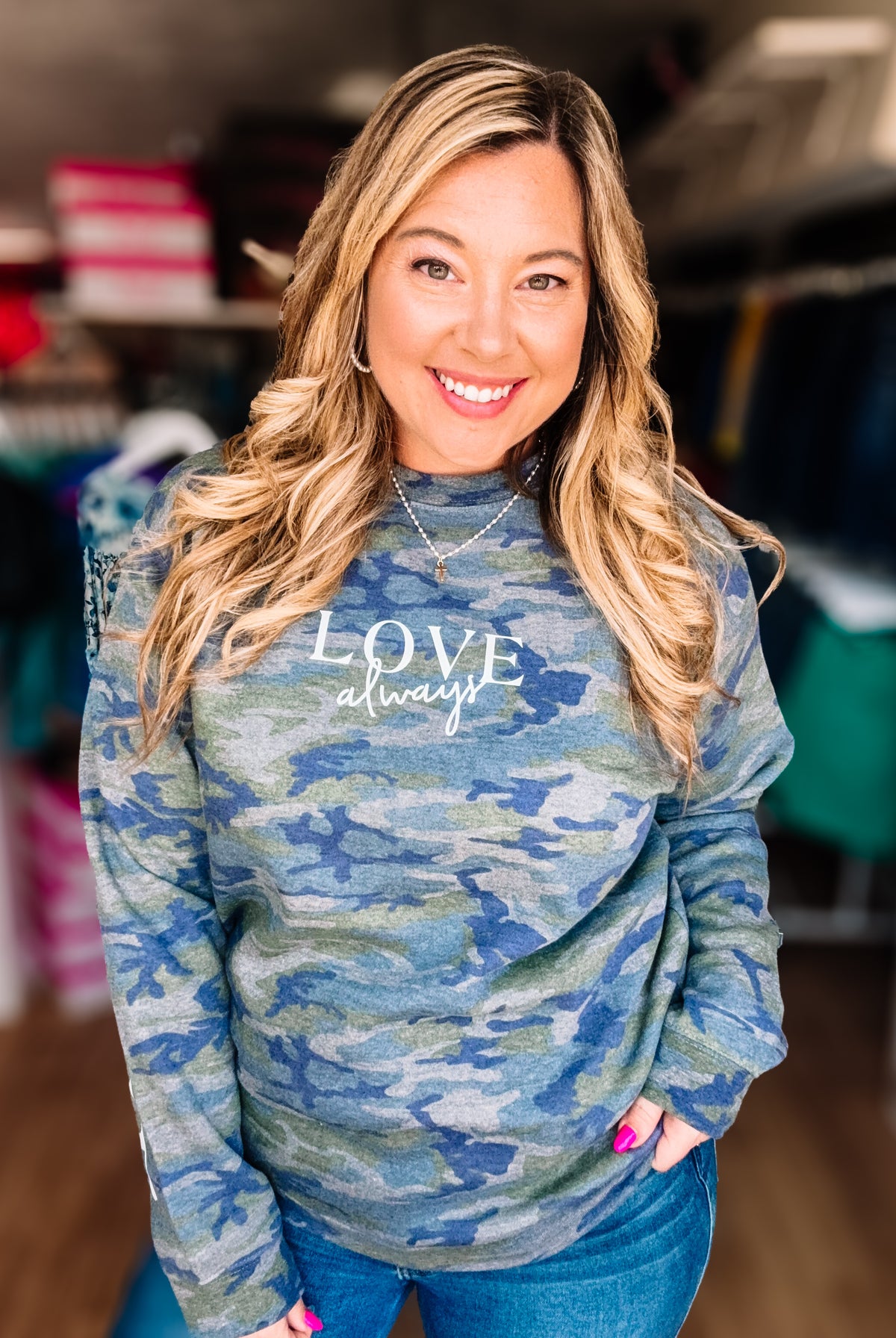 All You Need Is Love Camo Large Print Sweatshirt-Sweatshirts-Dear Me Southern Boutique, located in DeRidder, Louisiana