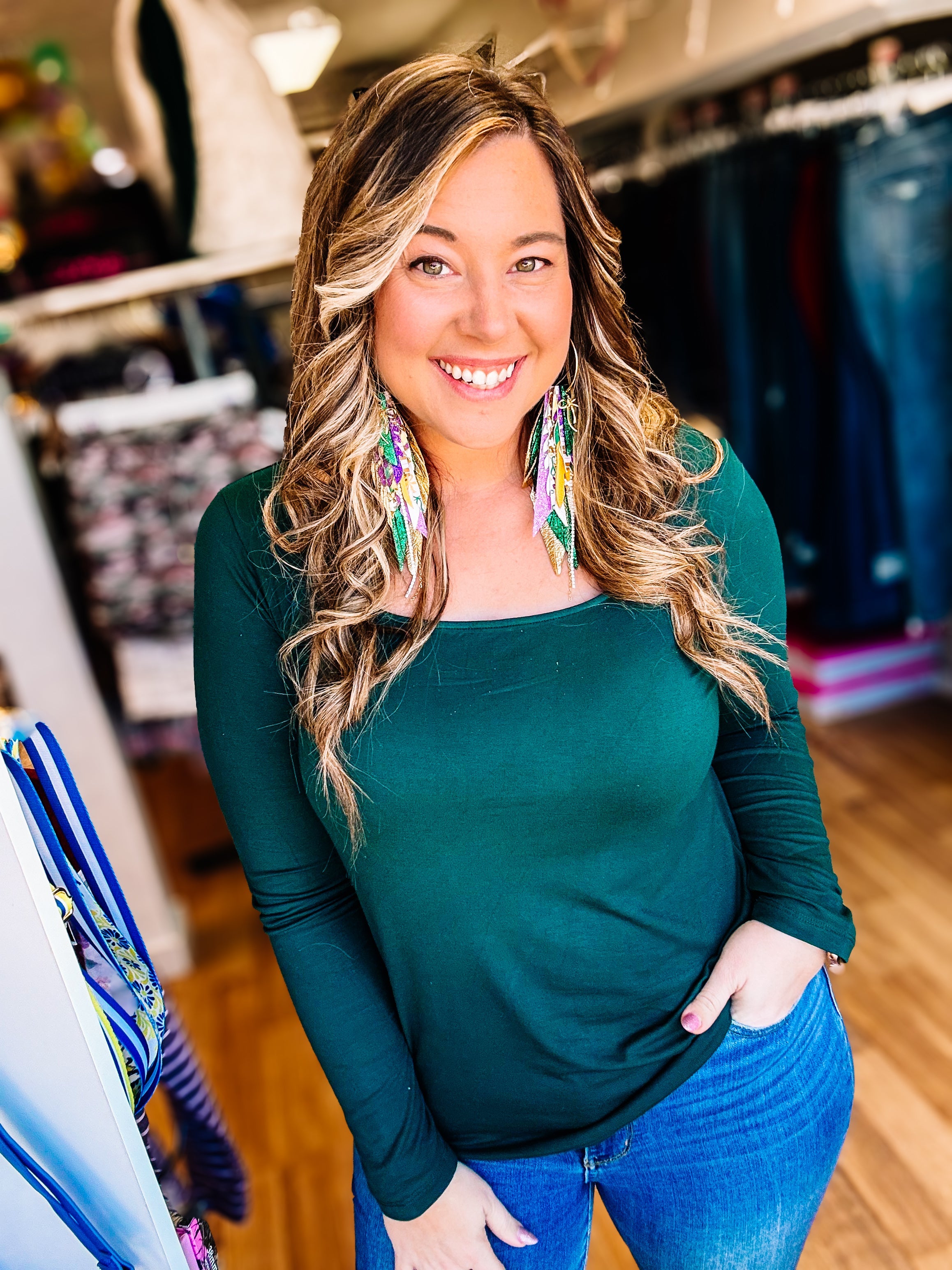 Alyssa Long Sleeve Top- Hunter green-Dear Me Southern Boutique, located in DeRidder, Louisiana