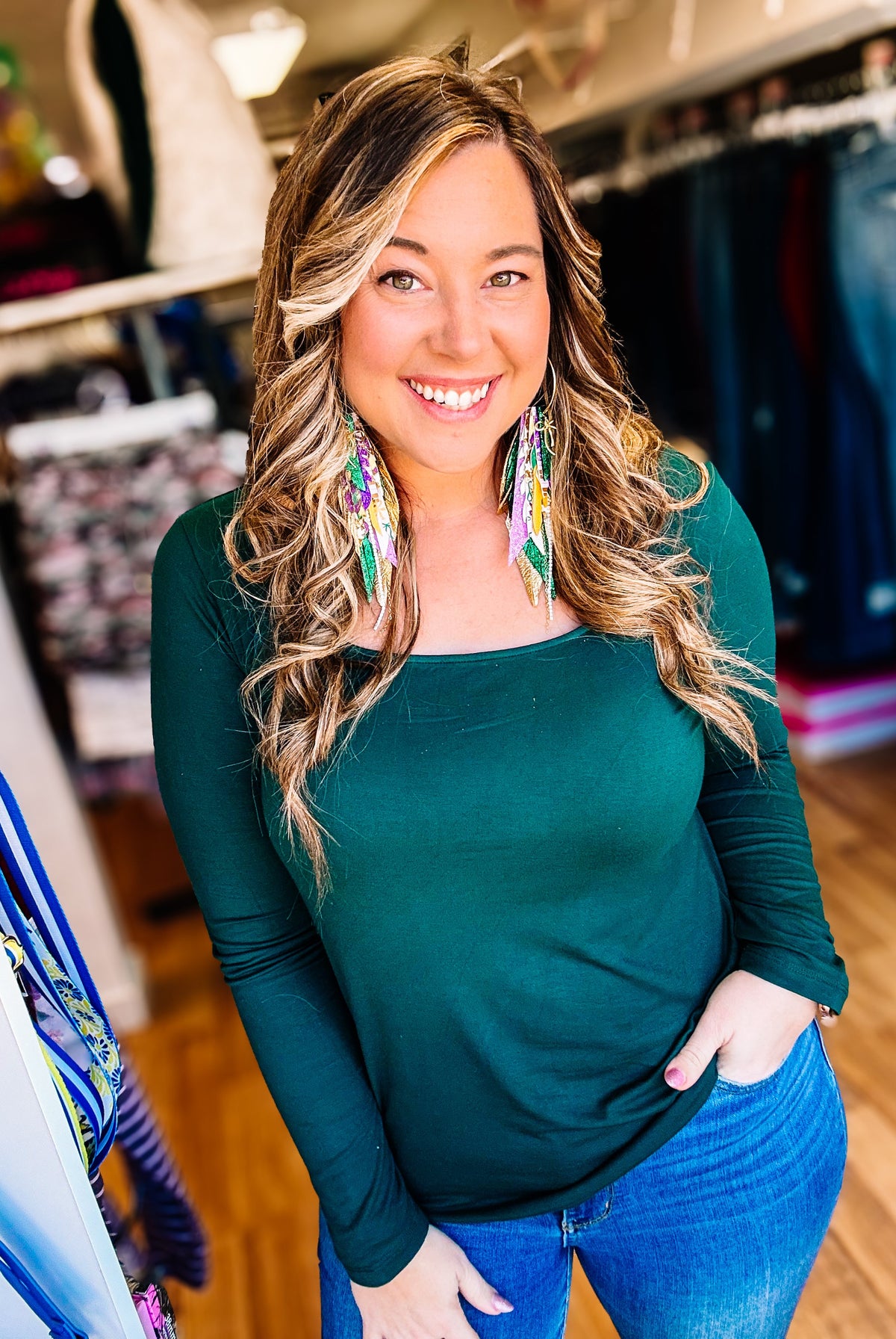 Alyssa Long Sleeve Top- Hunter green-Tops-Dear Me Southern Boutique, located in DeRidder, Louisiana