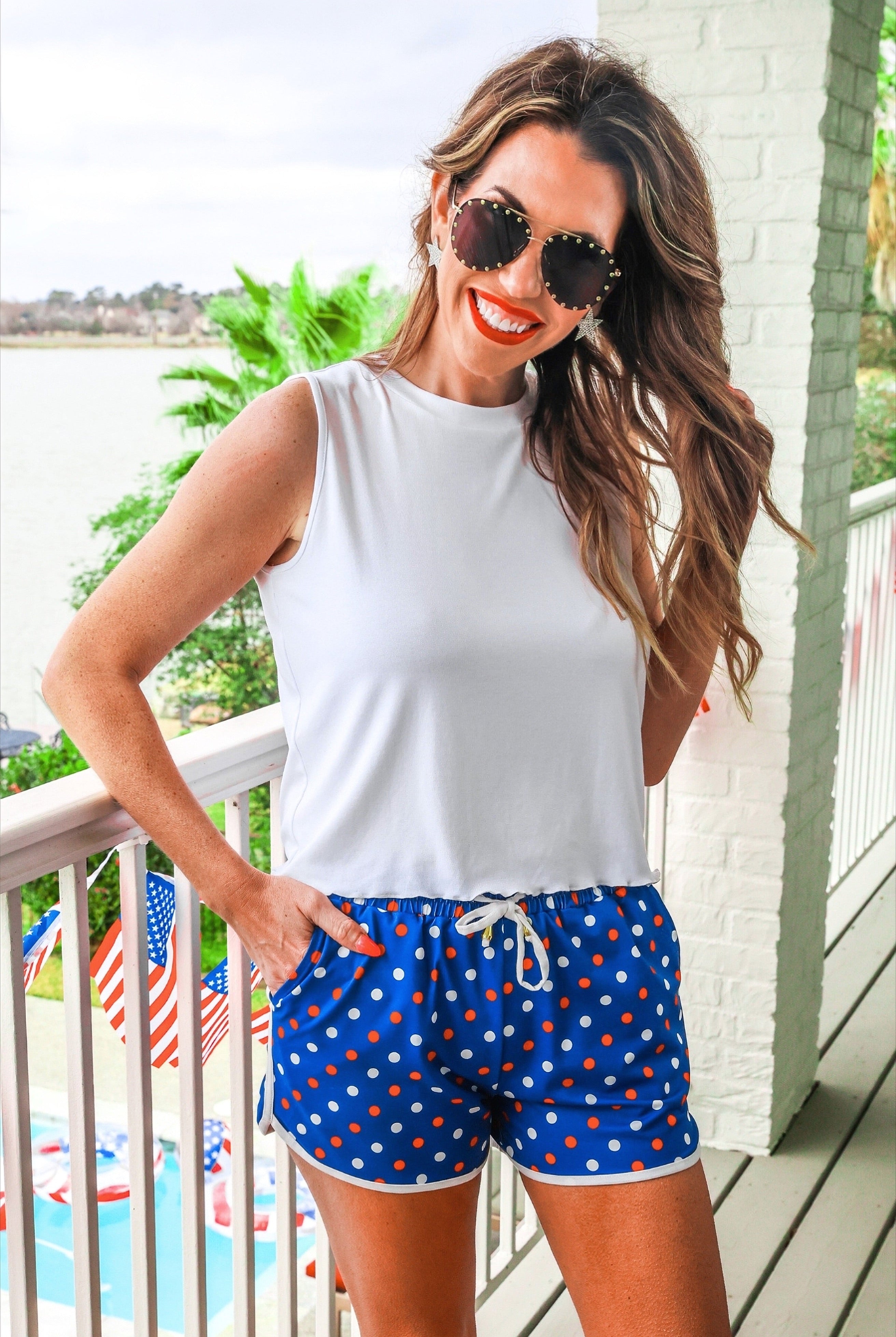 Americana Polka Dot Everyday Shorts-Everyday Shorts-Dear Me Southern Boutique, located in DeRidder, Louisiana