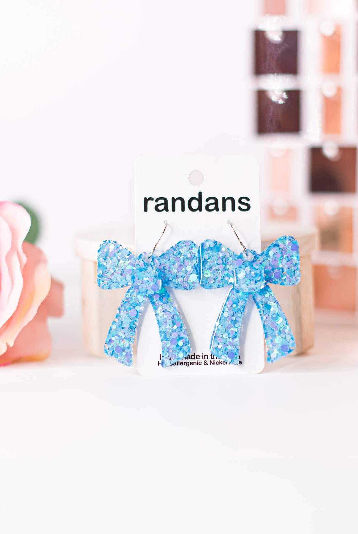 Aqua Coquette Bow Randans-Earrings-Dear Me Southern Boutique, located in DeRidder, Louisiana