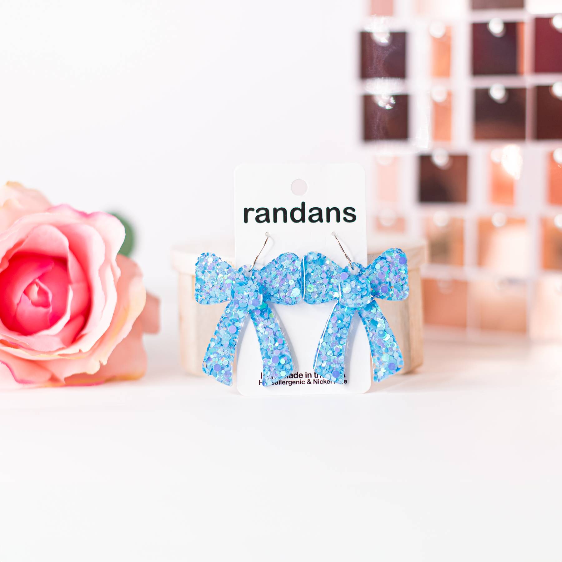 Aqua Coquette Bow Randans-Earrings-Dear Me Southern Boutique, located in DeRidder, Louisiana