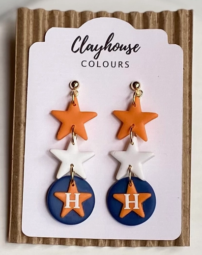 Astros Clay Earrings - Triple Stack-Earrings-Dear Me Southern Boutique, located in DeRidder, Louisiana