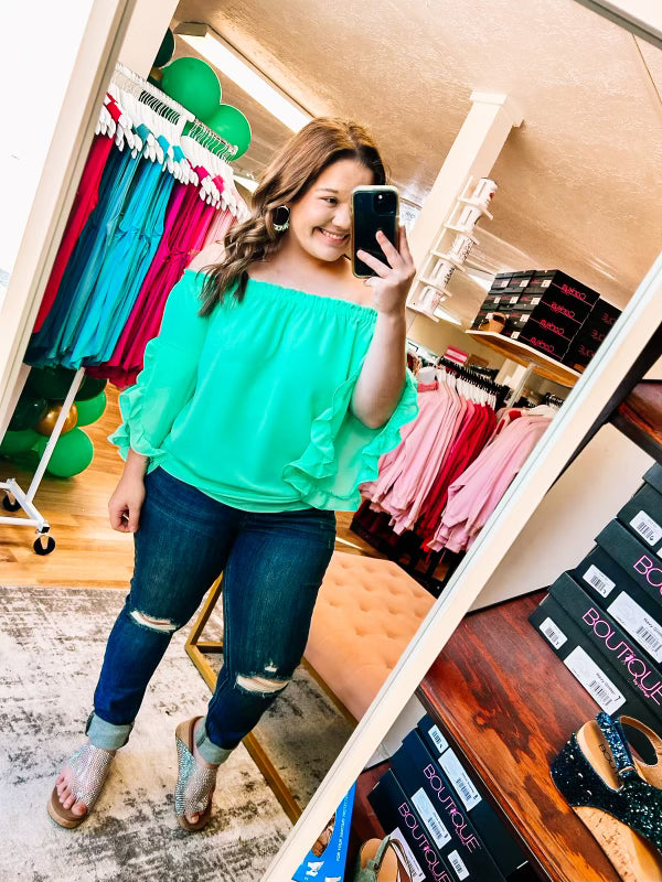 Aurora Off the Shoulder Top-Mint-Tops-Dear Me Southern Boutique, located in DeRidder, Louisiana