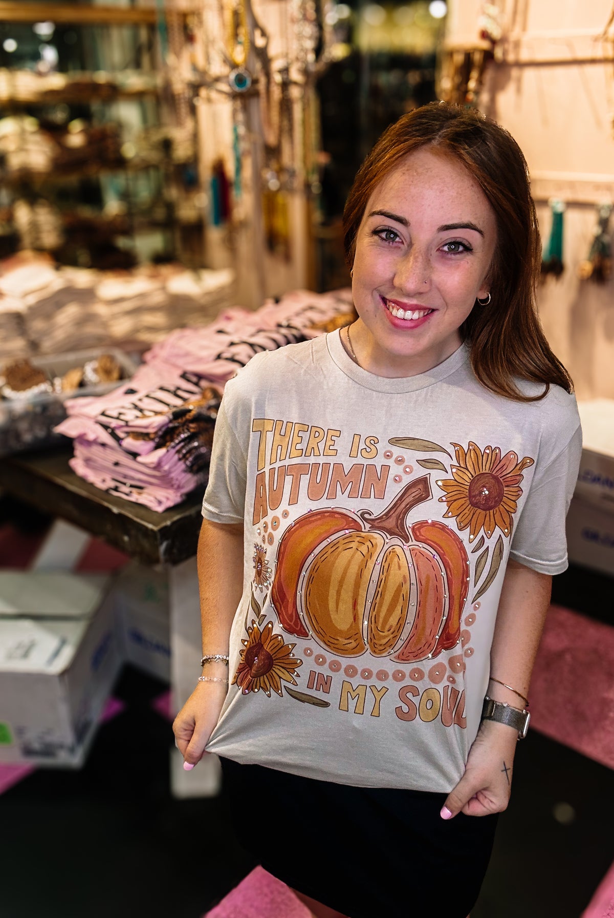 Autumn In My Soul Bougie Rhinestone Tee-Tees-Dear Me Southern Boutique, located in DeRidder, Louisiana
