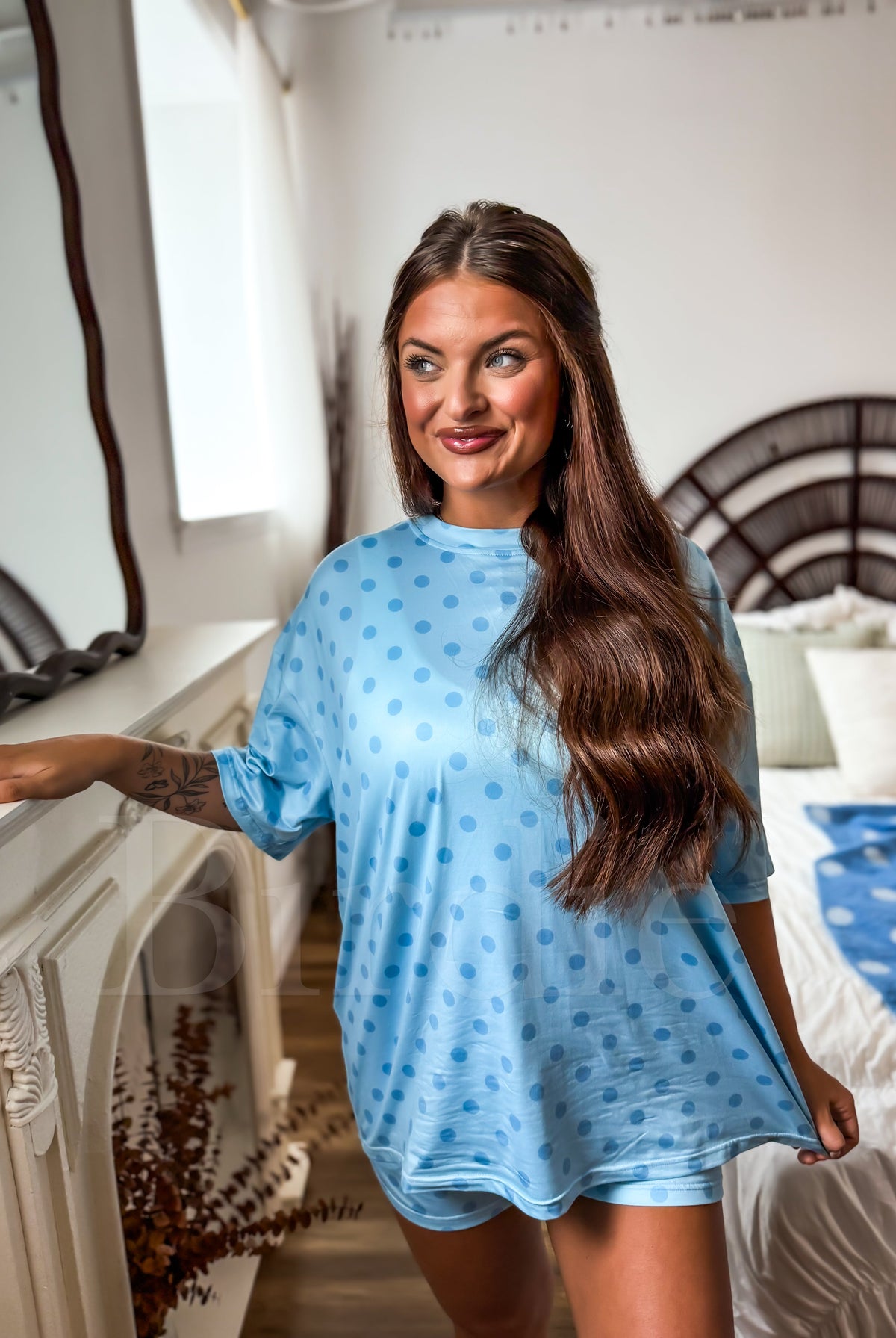 BIRDIE Tee Boxer Short Set in Powder Blue Dot (Sold As Set)-Presales-Dear Me Southern Boutique, located in DeRidder, Louisiana