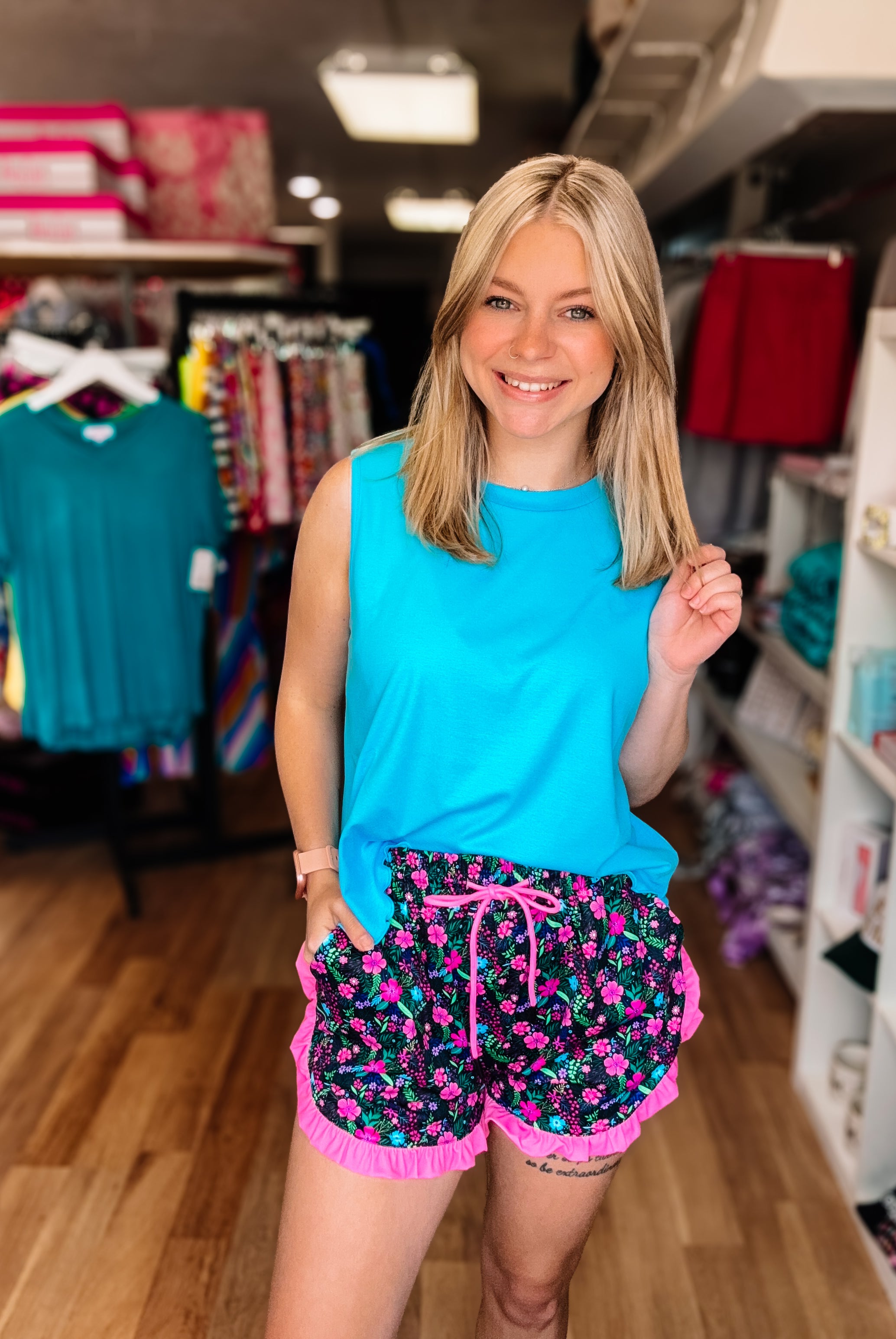 Banks Basic Lettuce Tank- Pool Blue-Top-Dear Me Southern Boutique, located in DeRidder, Louisiana